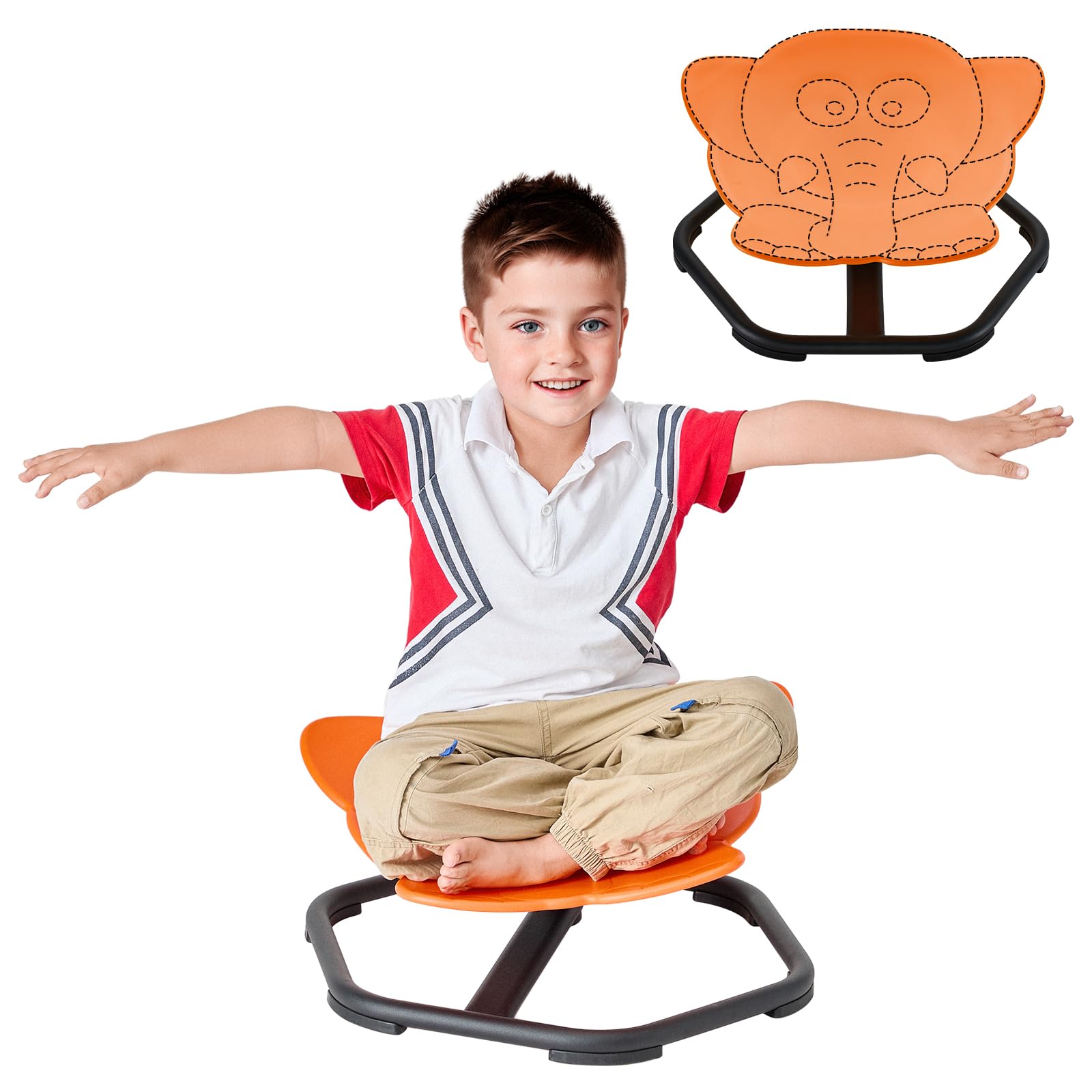 DexQur Autism Kids Swivel Chair, Sensory Toys Elephant Carousel Chair, Wobble Chair for ADHD Kids, Sit and Spin, Orange, Metal & Plastic, 49 cm x 55 cm x 15 cm, Contemporary Style
