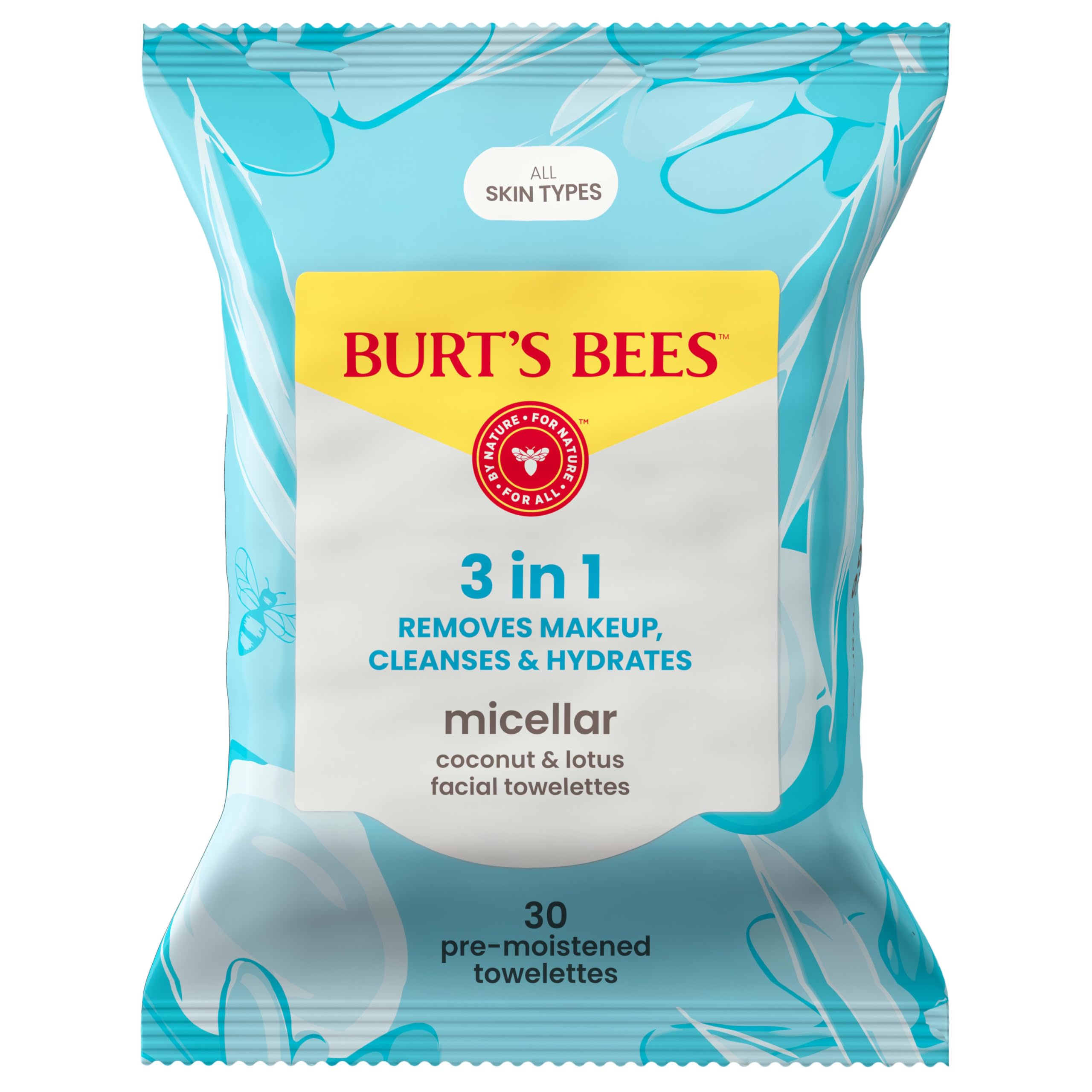Burt’s Bees Micellar Coconut & Lotus Facial Towelettes, 100% Plant Based Cloths; 99% Natural Origin; Remove, Makeup, Cleanse, Hydrate; No Greasy, Oily Residue; All Skin Types (Pack May Vary)