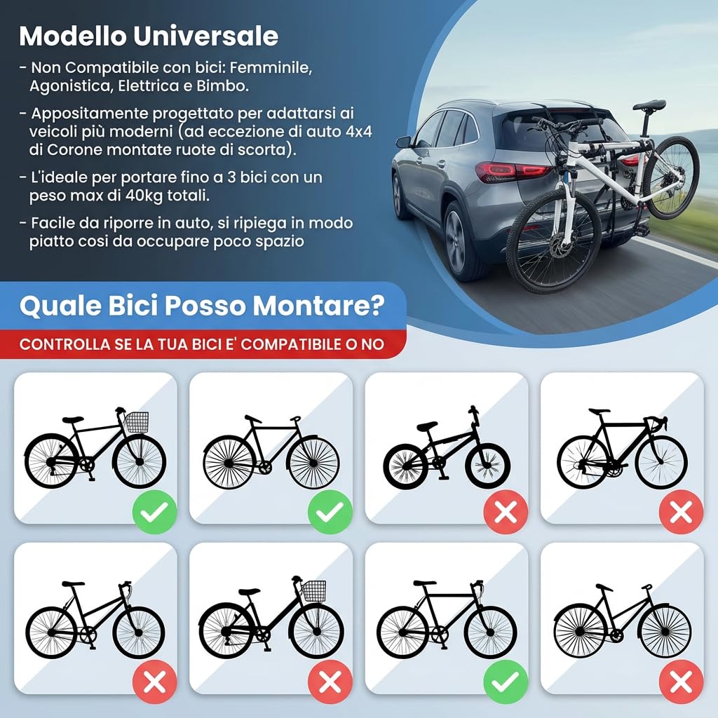 Susy Shop Porte-vélos arrière universel pour voiture, capacité 3 vélos, 40 kg, pliable, acier avec bandes en nylon et crochets