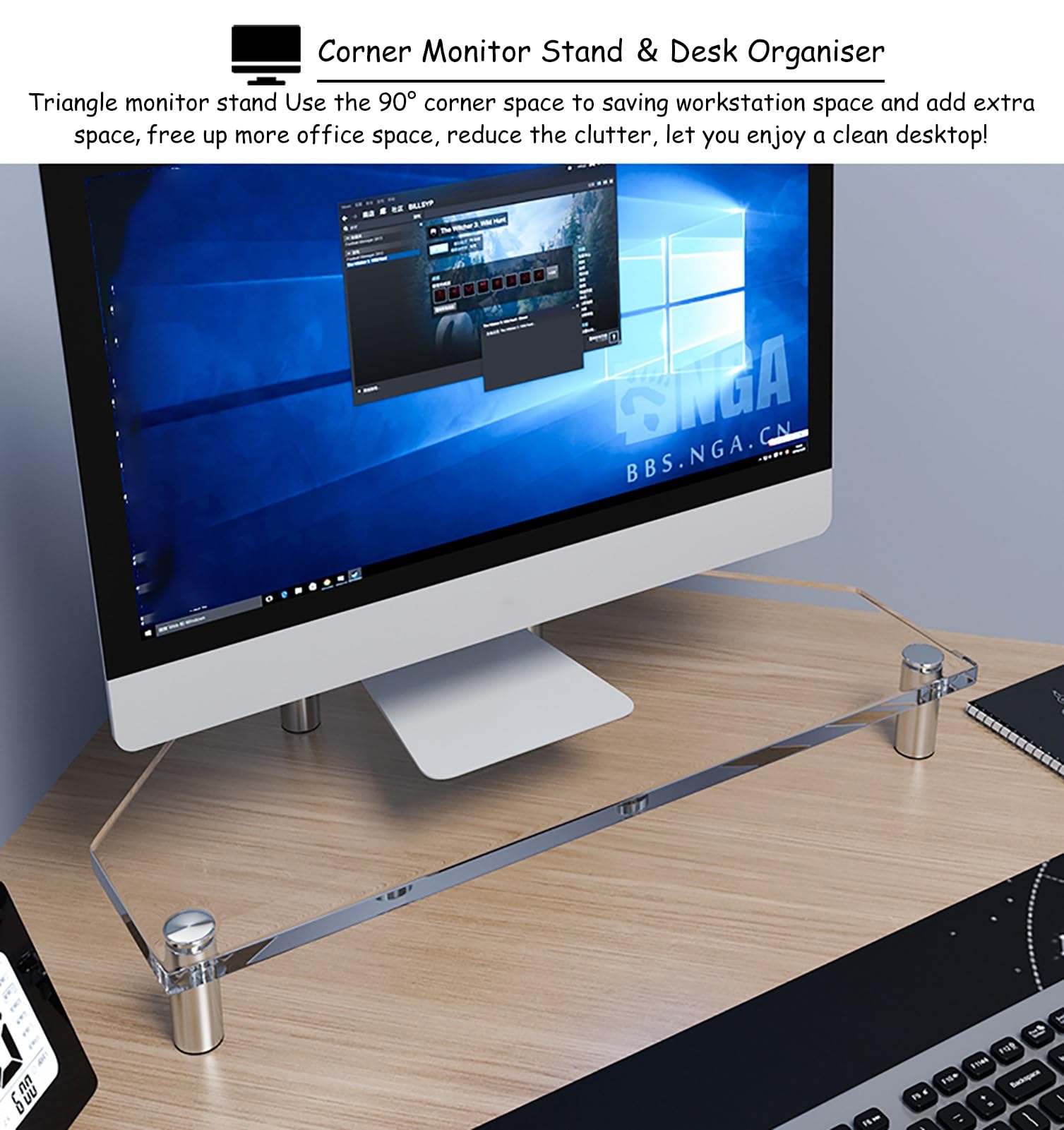 Narożny Stojak na Monitor Przezroczysty, Narożny Stojak na Monitor do Komputera, Akryl, Uchwyt na Laptopa do Organizera na Biurko, Ergonomiczna Podstawka do Ekranu Komputera z Podkładkami Antypoślizgo