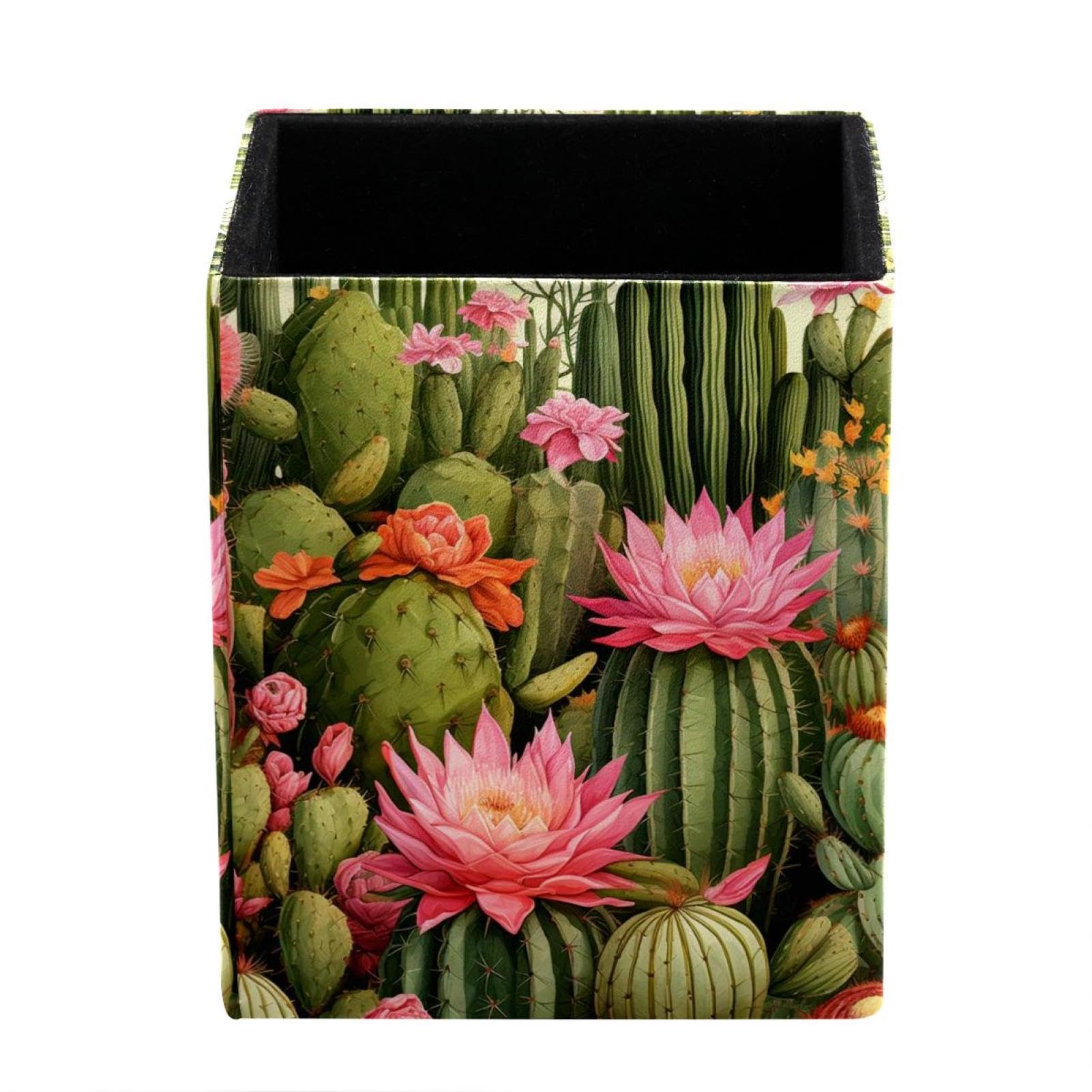 FWJZDSP Pencil Pen Holder, Cactus Garden Floral Makeup Brush Holder, Leather Desk Accessories, Stationery Organizer for Office Desk Accessory
