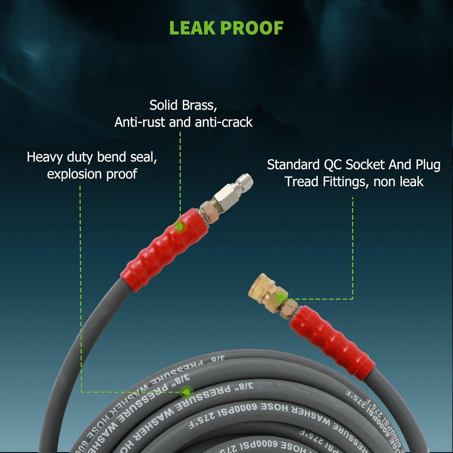 100ft Pressure Washer Hose 6000psi 3/8 Inch 2-Braid R2 Kink Free Replacement Hybrid Flexible Outdoor Hose for Electric or Gas Power Washer