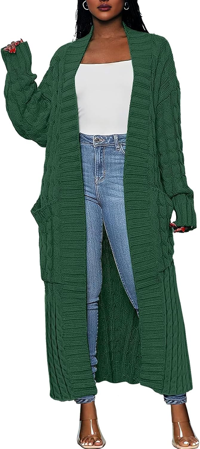 Caracilia Womens Long Cardigan Sweaters 2025 Fall Open Front Coat Long Sleeve Cable Knit Maxi Outerwear Trendy Jacket Clothes Medium Dark Green