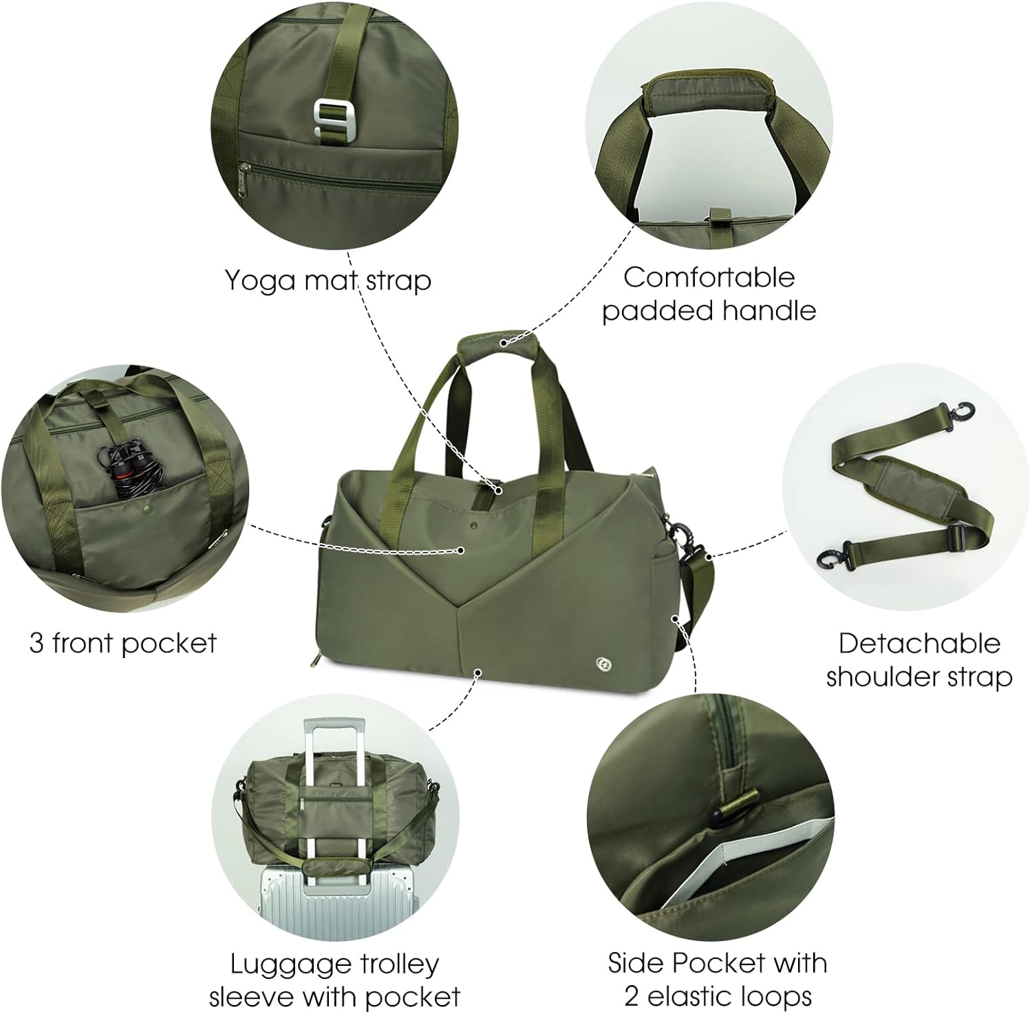  | Ceneda 20" Gym Duffel Bag with Wet Pocket Shoes Compartment Portable Overnight Weekender Bag Travel bag Yoga Bag for Women (Green) | Sports Duffels