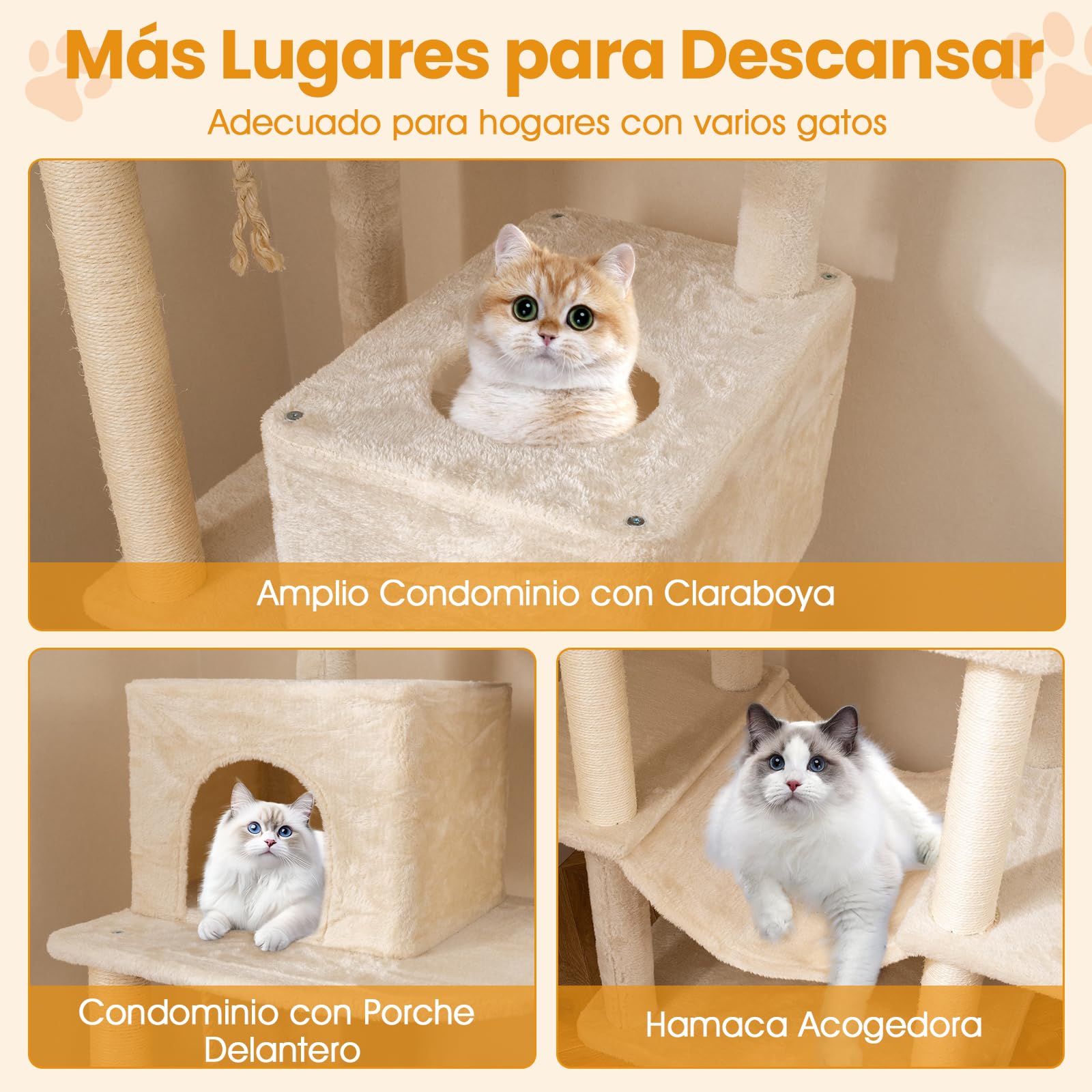 COSTWAY Árbol Rascador para Gatos de Varios Niveles, Torre de Escalada para Gatitos con 2 Condos, 2 Perchas de Terciopelo, Postes de Sisal y Cuerda, Juguetes Colgantes, Plataformas Múltiples,Beige