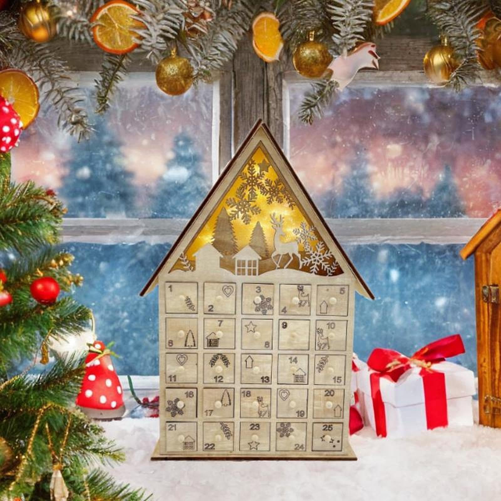 Calendario de Adviento de Madera, Decoración Navideña 2024, Iluminado, Ideal para Fiestas O para Colocar en La Mesa de Centro del Salón.