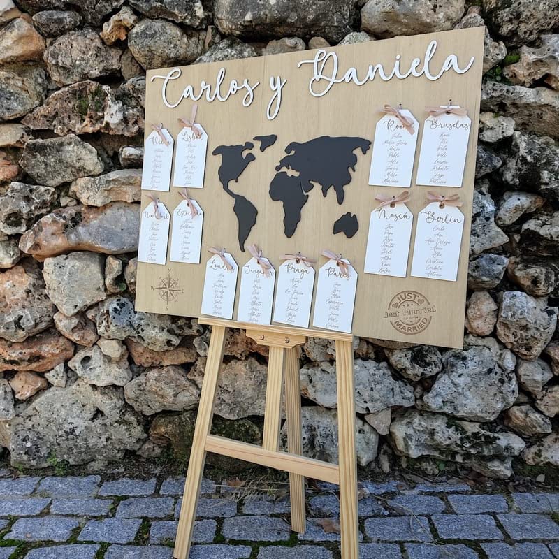 Madera de Boj | Cartel Seating Viajes Personalizado | Cartel Asientos para Eventos Fabricado en Madera Natural | Cartel Ideal para Bodas