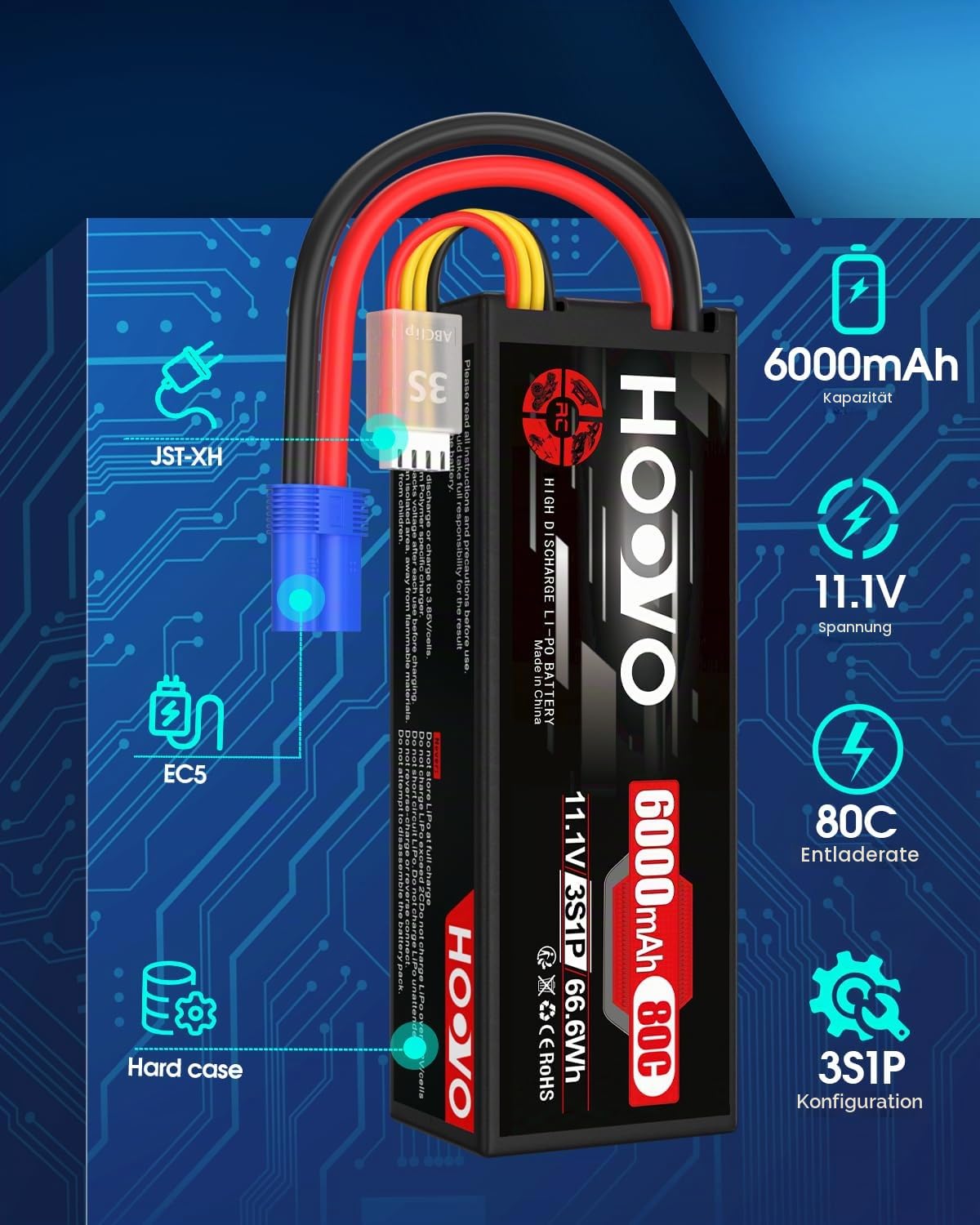 3S Lipo Akku 11.1V 6000mAh 80C Hard Case Lipo Batterien RC Battery mit EC5 Anschlussstecker HOOVO für RC 1/8 1/10 Scale Fahrzeuge Auto LKW Boote (2 Stück)