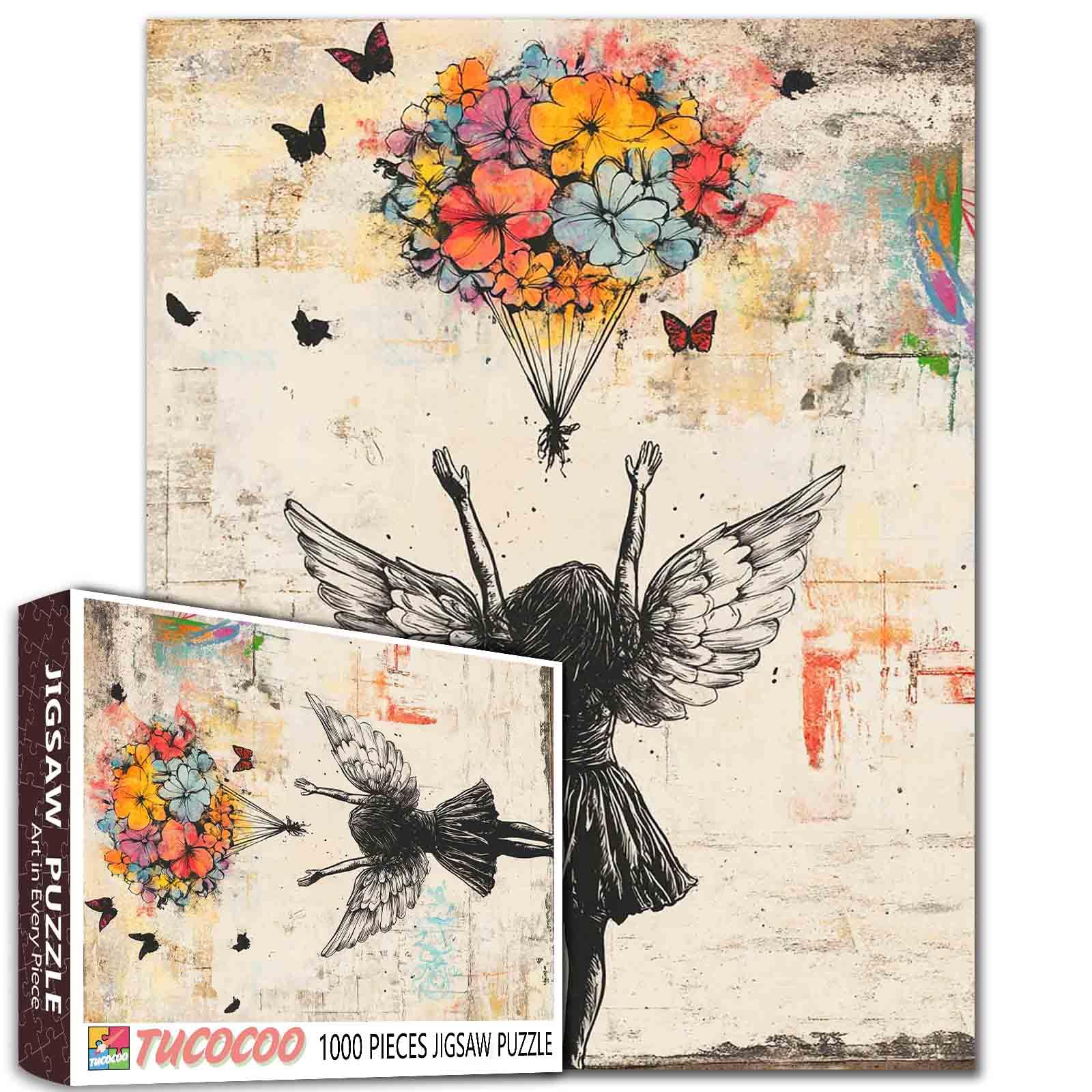 Tucocoo Banksy Angel Girl Jigsaw Puzzle 1000 Pieces Retro Street Art Puzzles for Adults, Floral Art Jigsaw Puzzles 1000 Piece for Challenging Family Games DIY Crafts Puzzle for Home Decor Gifts