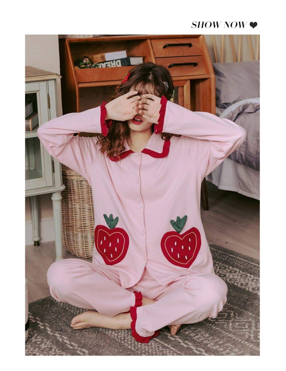Conjunto De Pijamas De Mujer,Conjunto De Pijamas De Fresa Dulce Ropa De Dormir De Manga Larga De Algodón Top Con Botones Y Pantalones Pjs Cozy & Ropa De Dormir Suave Para El Otoño Invierno,Rosa,M