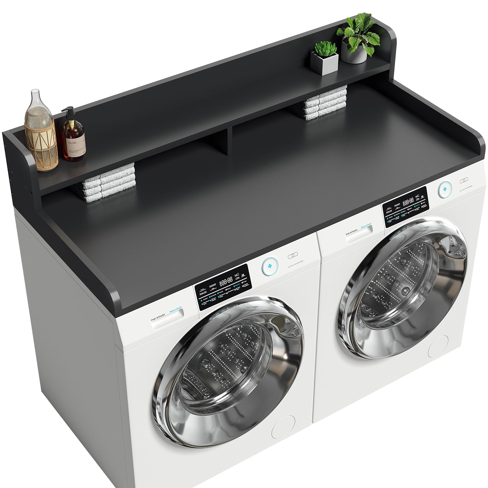 Photo 1 of Corbyles 2-Tier Washer Dryer Countertop with 2.75" H Edge Rails, 58" W x 28" D Laundry Countertop for Folding Clothes, Washer and Dryer Topper with Non-Slip Pad (Black)