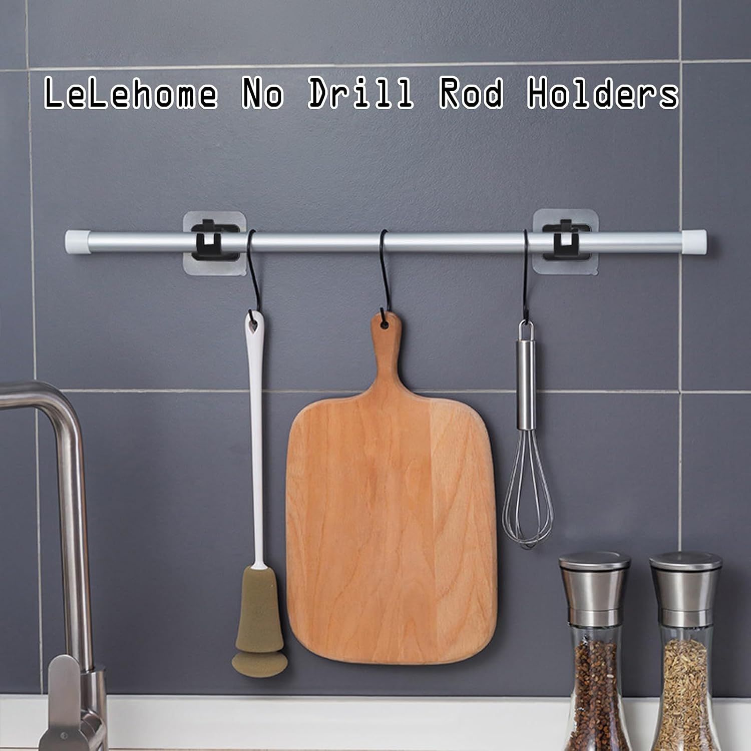 LeLehome 8PCS No Drill Curtain Rod Holders Universal Plastic Self Adhesive Adjustable Rod Brackets Hooks for Bathroom, Bedroom, Livingroom and Kitchen, Black