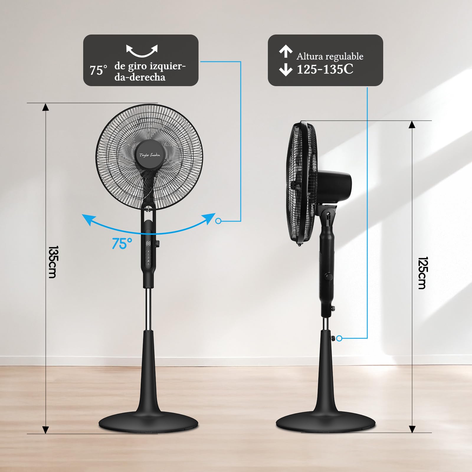 Taylor Swoden Ventilatore a Piantana, DC Silenzioso Ventilatore con Telecomando, Anti-moustique, 28 Velocità, 3 Modalità, 12H Timer, 75° Oscillant, LED, Regolabile in altezza(125-135cm), Nero