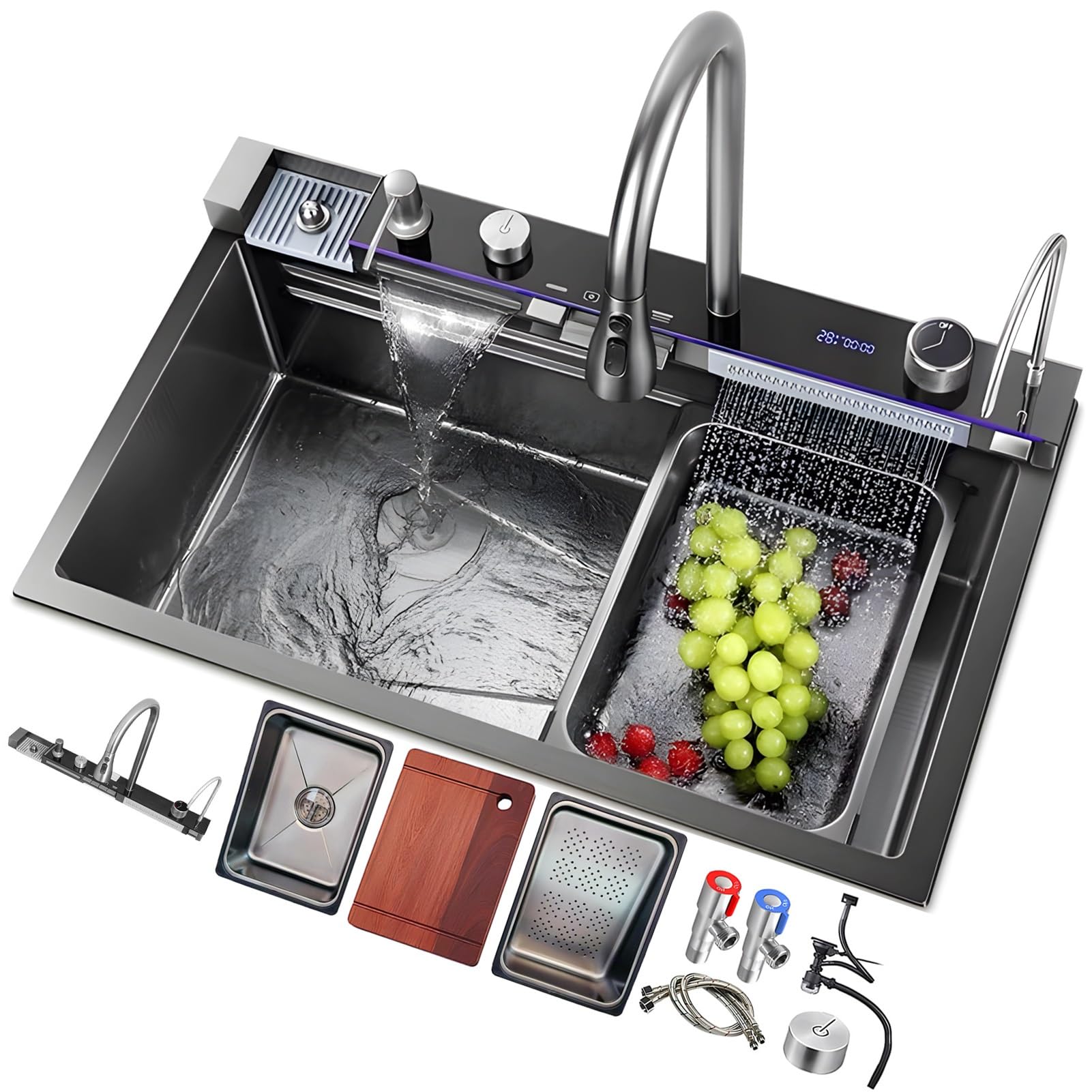 FCXWEVR Black Waterfall Style Large Single Bowl Kitchen Sink with Temperature Display and Pull Down Faucet Topmount Design with Complete Accessories (68x46x22cm)