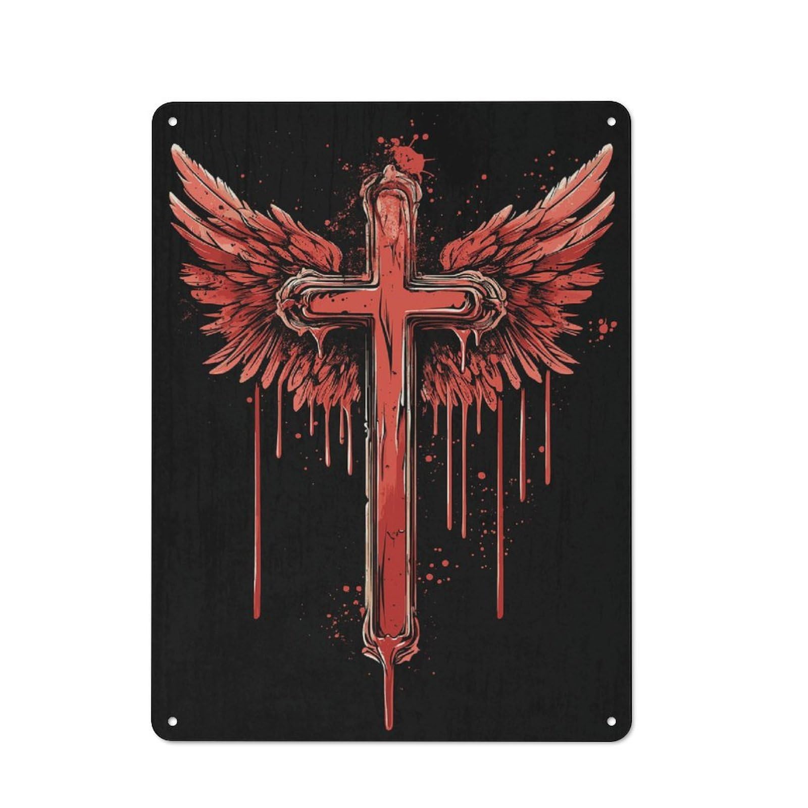 Junmoney Bloody Cross With Wings Metal Wall Sign With Design 40X30cm, Weathered Look Workshop Wall Decor For Garage, Hobby Room, Office Or Man Cave