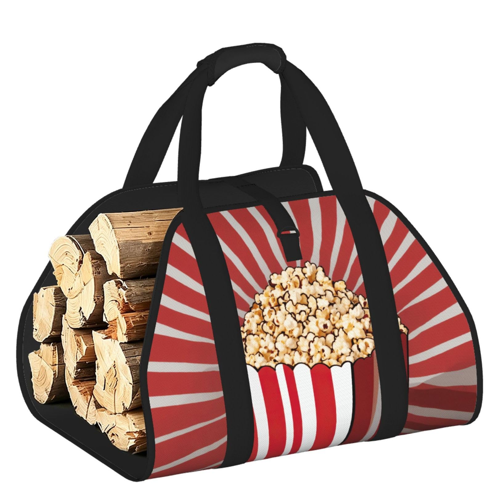 Pphgut Black Popcorn Print Print Firewood Bag Wood Carrier Transport Sack Camping Picnic Storage Daily Home