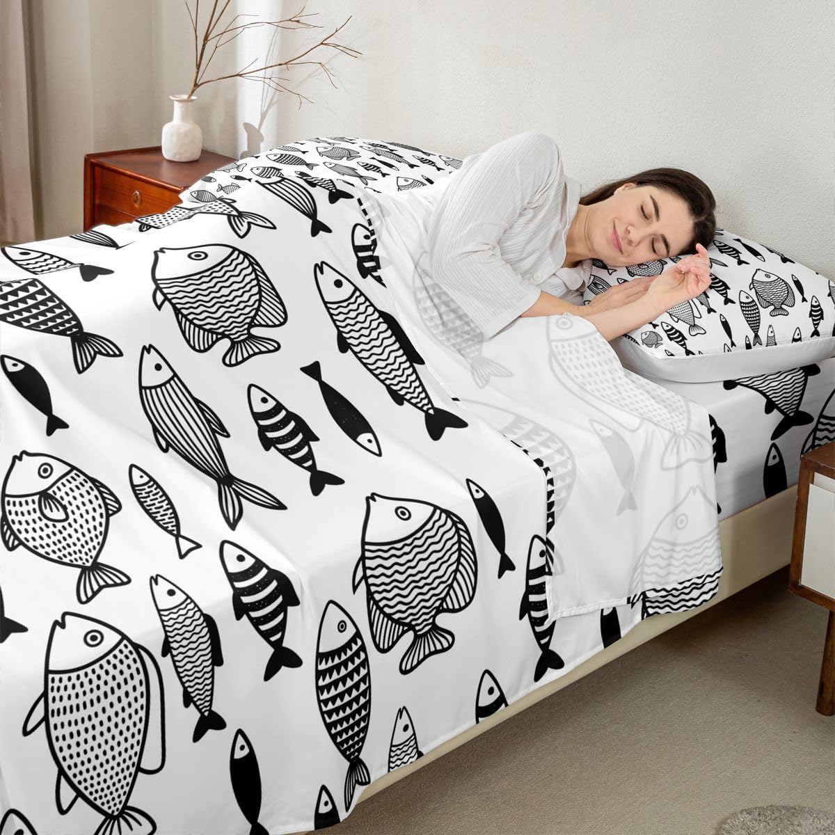 Homewish Uroczy zestaw prześcieradeł rybnych podwójne prześcieradła inspirowane oceanem pościel z motywem ryby - zestaw pościeli o tematyce jeziora 4-częściowy