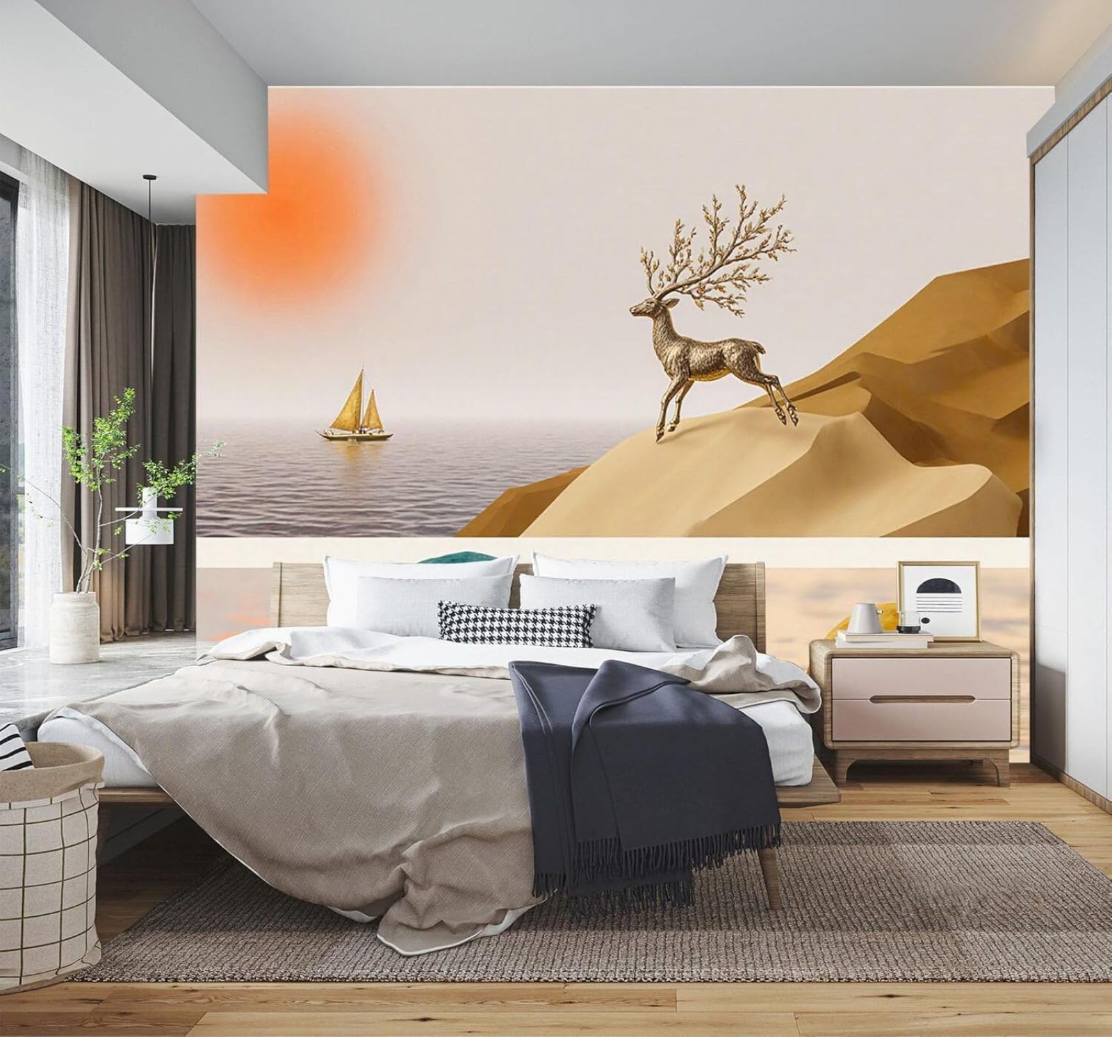 3D Papel Pintado Abstracto Ciervo Dorado Velero Atardecer Mar