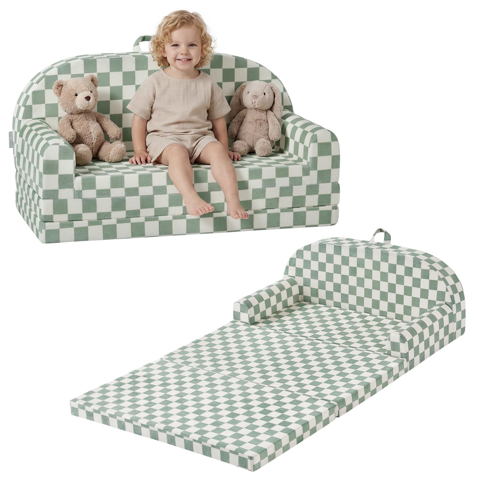 Blissful Diary Foldable Kids Couch, Extra Wide Kids Sofa Chair, Sage Check