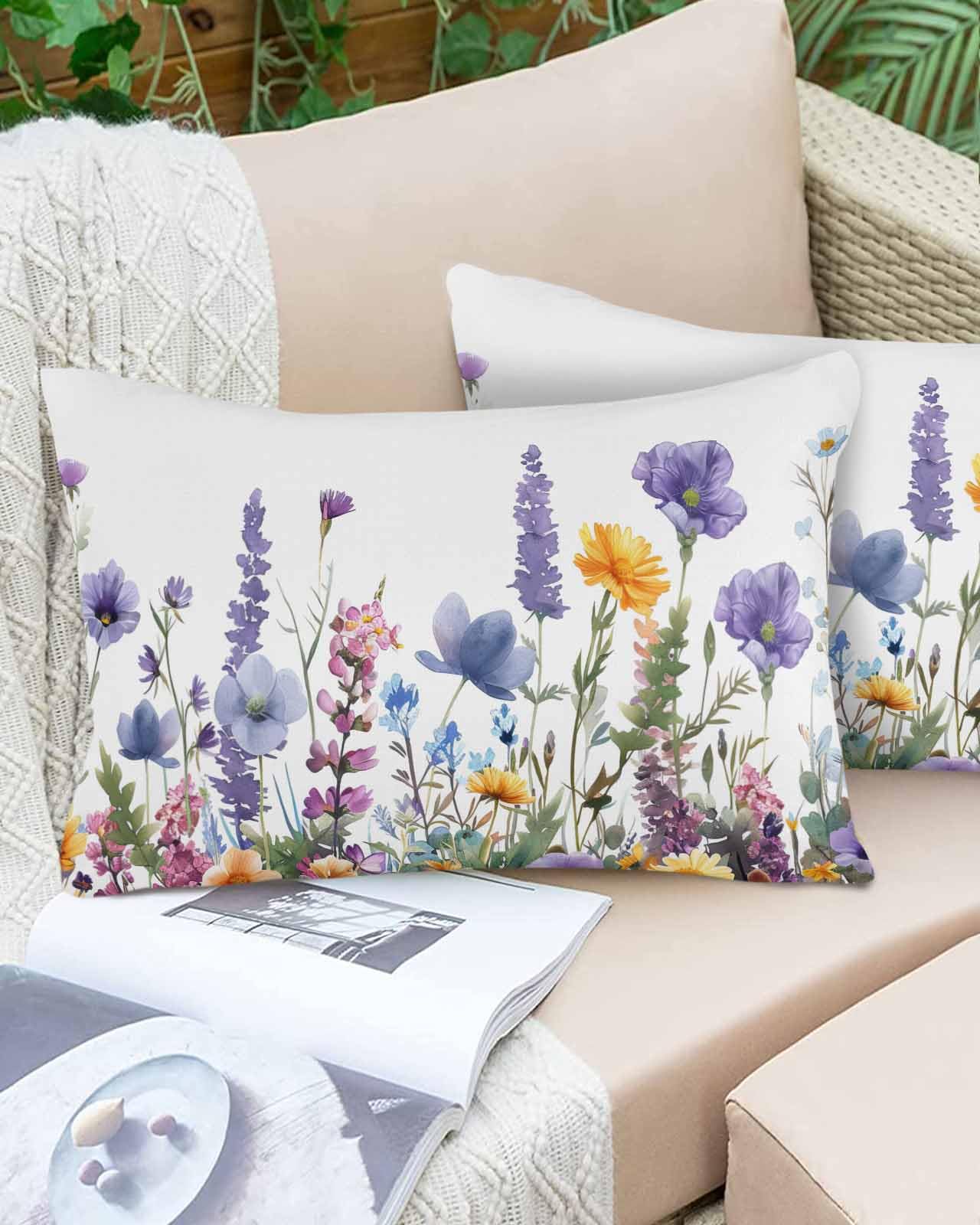 Boanket Lumbar Pillow Covers 12 x 20 in, Spring Floral Waterproof Throw Pillow Cover Set of 2, Purple Flowers Colorful Summer Botanical Home Decorative Rectangle Cushion Covers for Patio/Couch/Garden