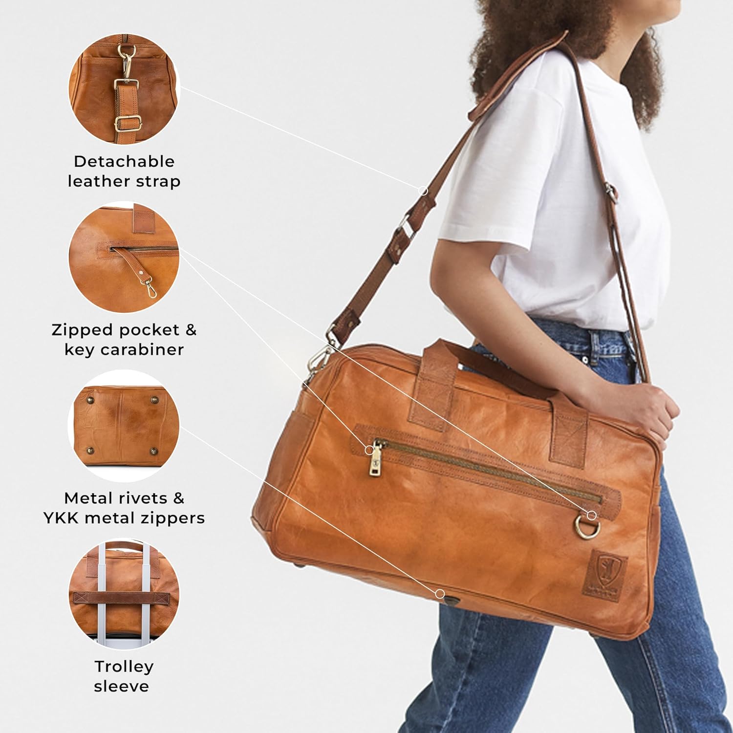 Berliner Bags Vintage Genuine Leather Duffle Bag Austin M for Travel or the Gym, Weekender Bag, Overnight Bag for Men and Women - Brown - Image 5