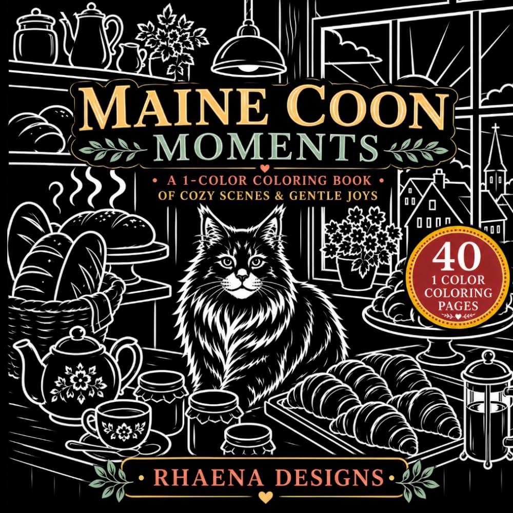 Maine Coon Moments: Cozy Reverse Coloring Book Featuring Maine Coon Cats, Cottagecore Gardens & Peaceful Escapes