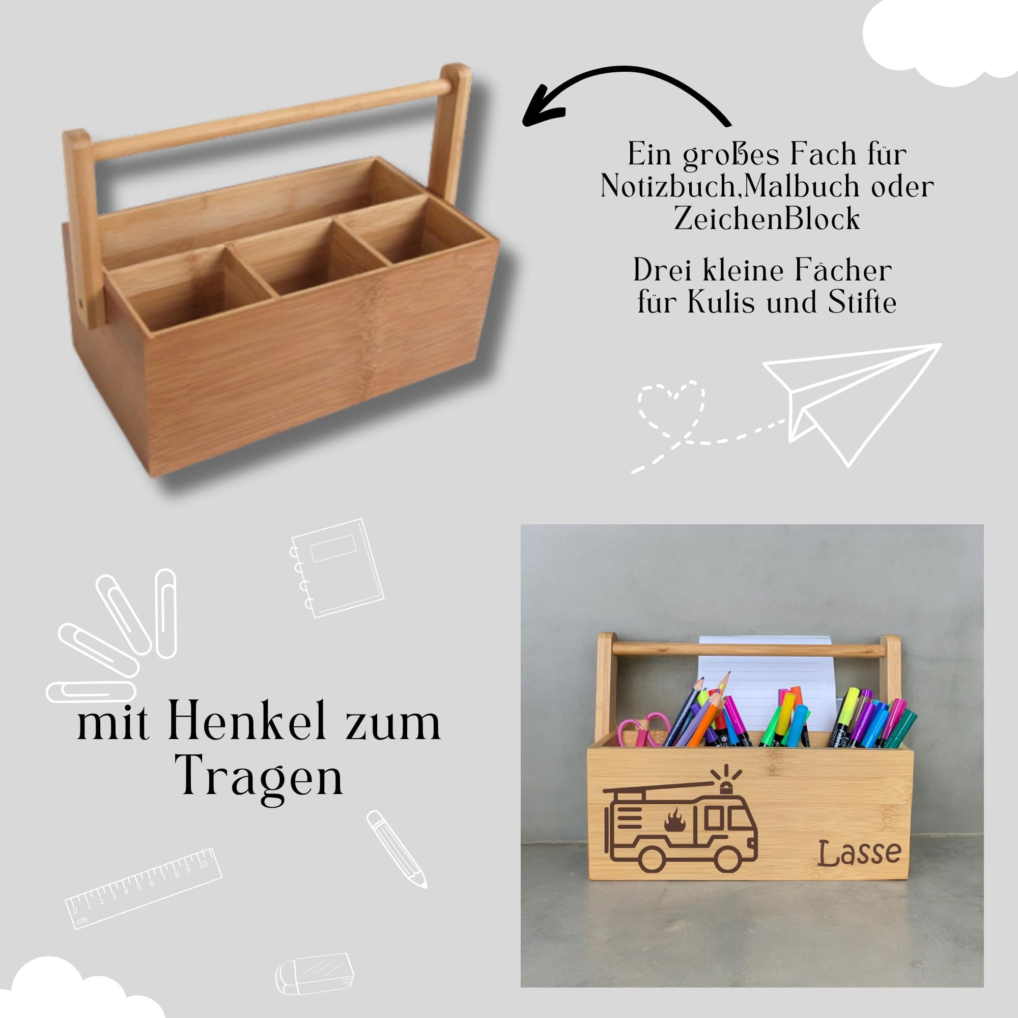 Schreibtischorganizer, Stiftehalter Bambus, personalisierte Stiftebox, Geschenk zur Einschulung