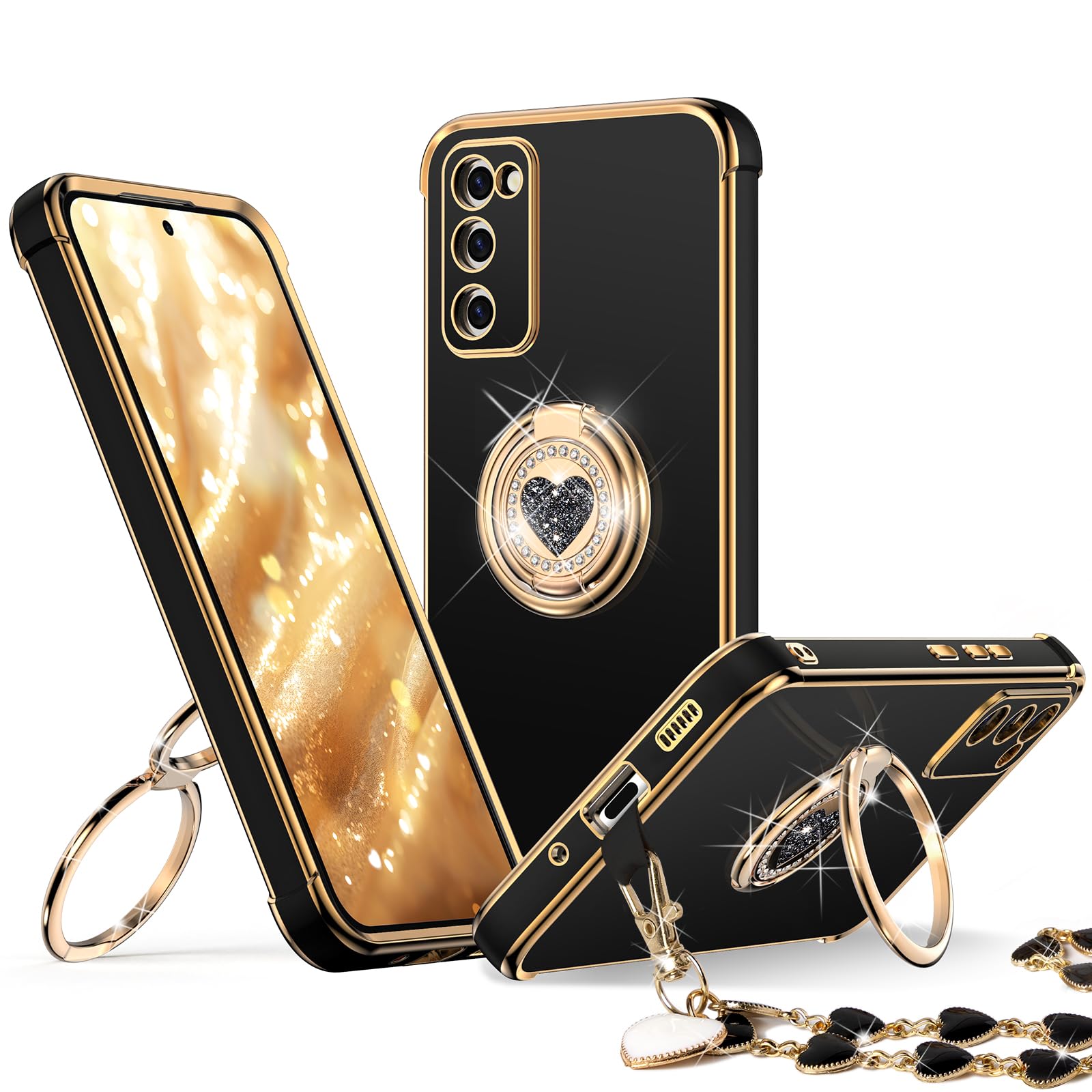 XYZ for Galaxy S20 FE Case with Stand, for Samsung Galaxy S20 FE Case with Double Ring, Women Girls Bling Luxury Protective Phone Case Heart for