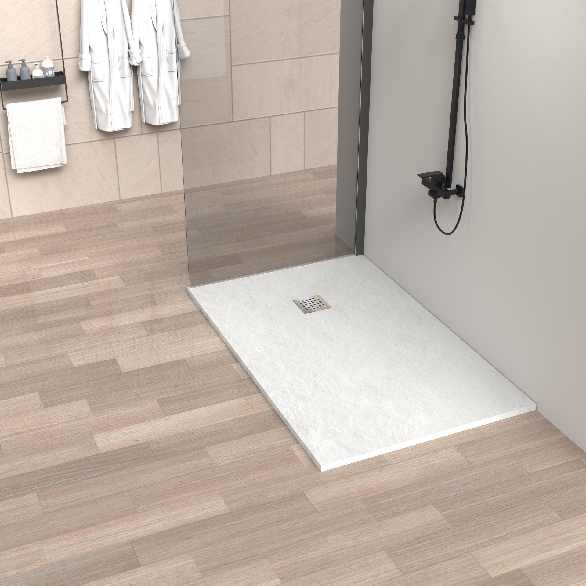 Plato de Ducha de Resina 70 x 70 Extraplano Ultraresistente – Textura Pizarra Antideslizante – Color Blanco RAL 9003 – Carga Mineral y Gel Coat – HOGAKIS