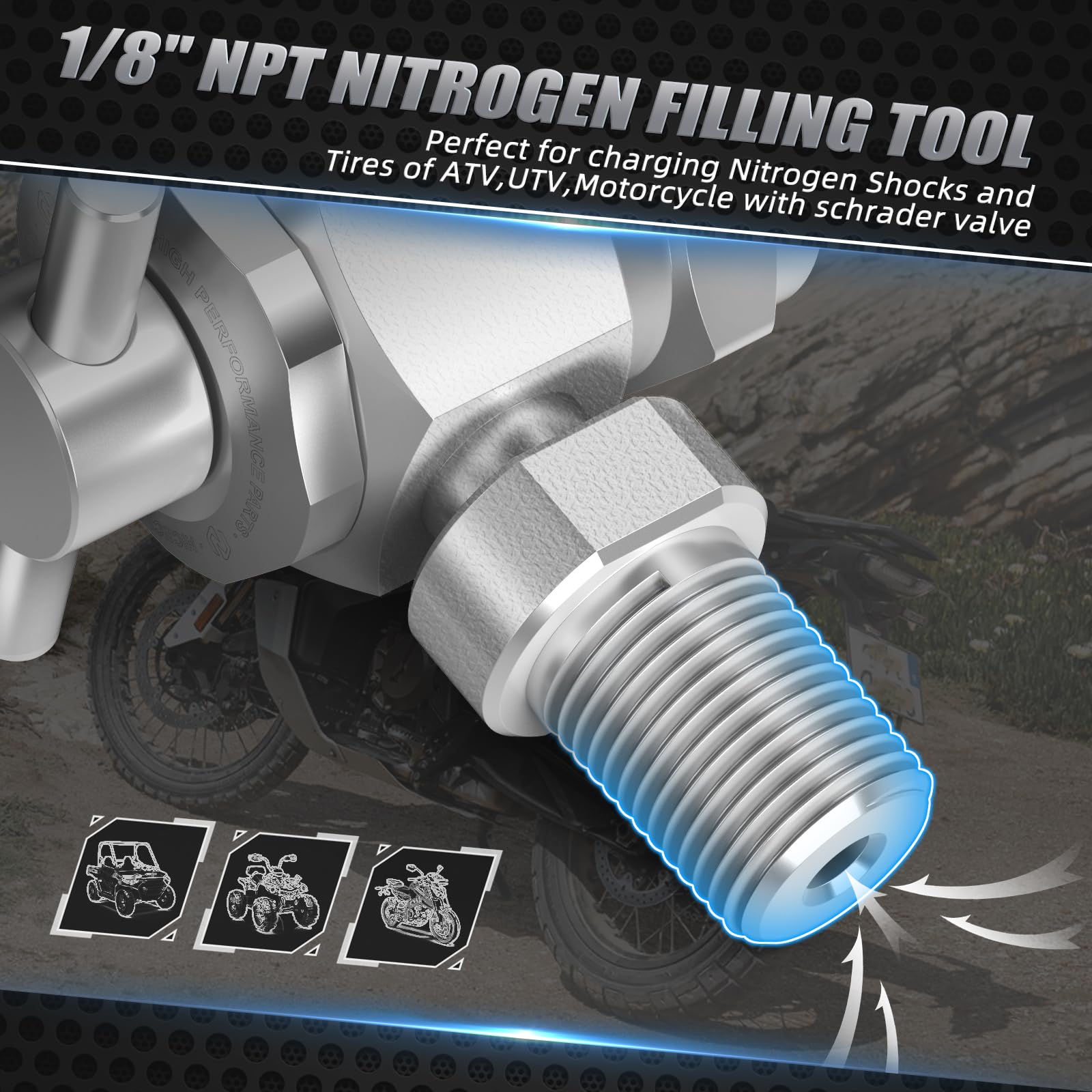 NICECNC 1/8 "NPT Maschio Azoto Strumento di riempimento Válvula Compatible with ATV, UTV, Auto o Moto Ammortizzatori & Struts con un Schrader (stelo del pneumatico) Riempimento Válvula