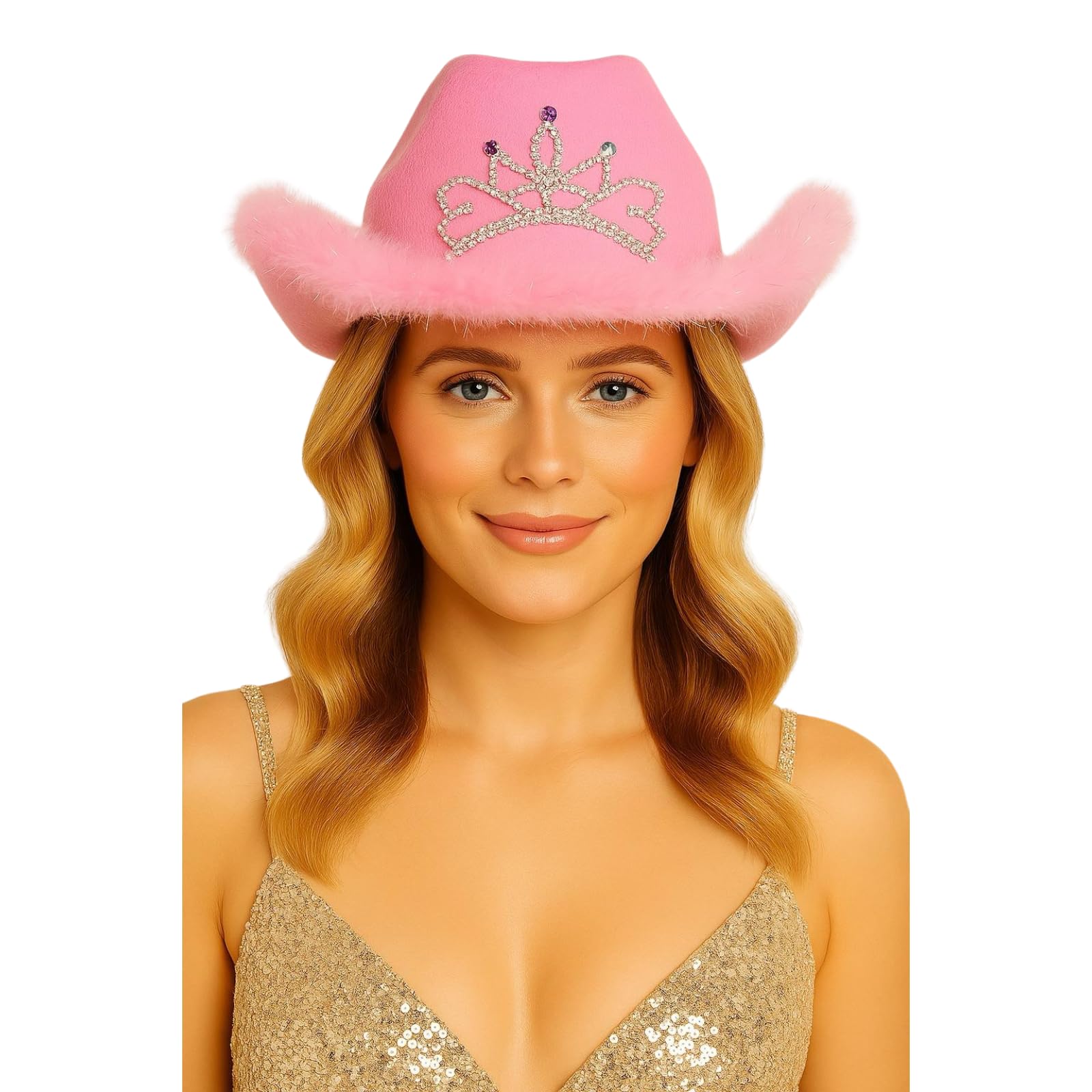labreeze Fabuloso sombrero de vaquero rosa con ribete esponjoso, el accesorio perfecto para despedidas de soltera, fiestas de disfraces, festivales y uso diario