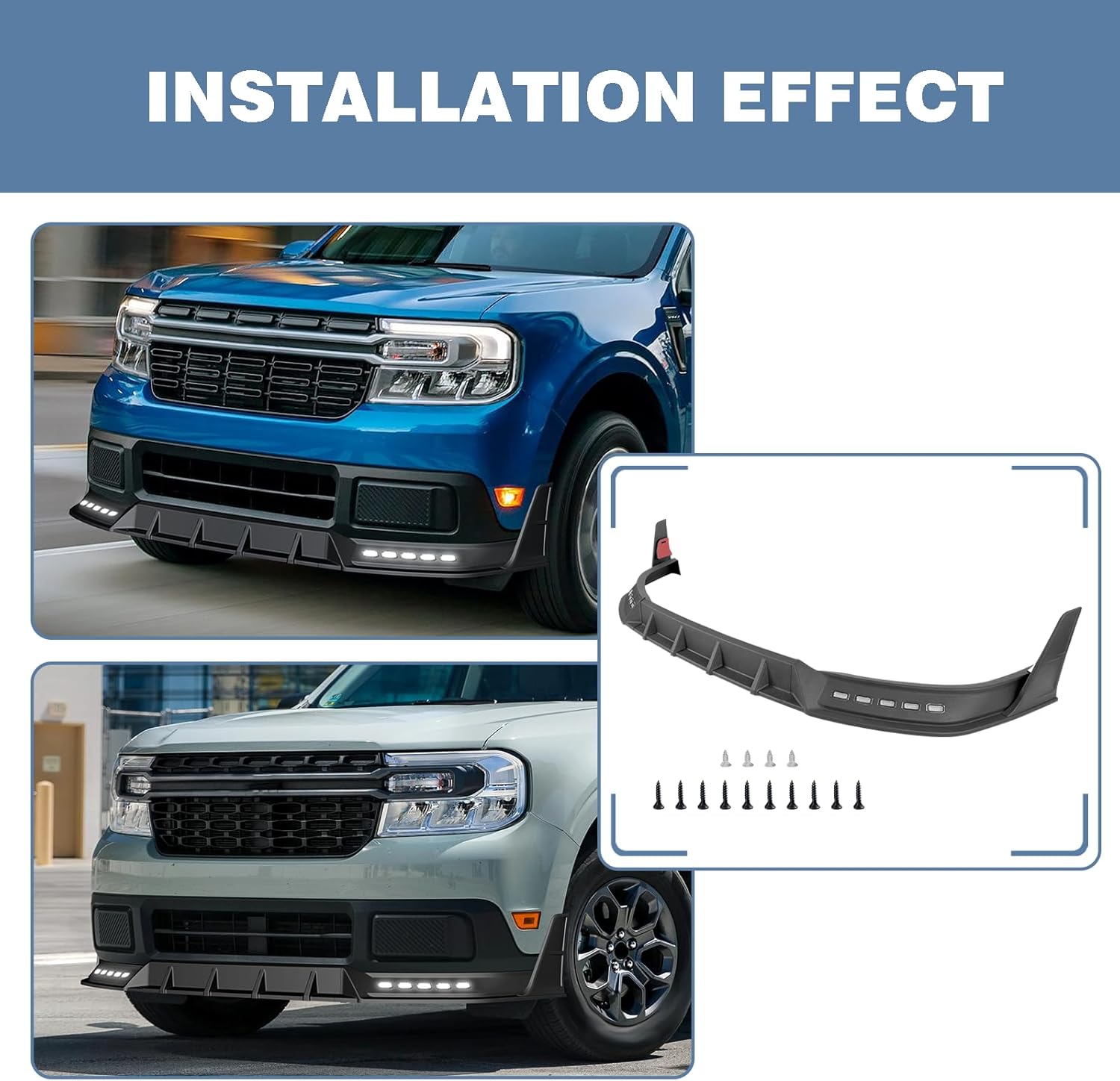 Front Bumper Lip fit for Ford Maverick Pickup Truck 2022-2024 LED Sequential Running Lights Spoiler Body Kit,Front Lip Spoiler Air Chin Body Kit Splitter Matt Black