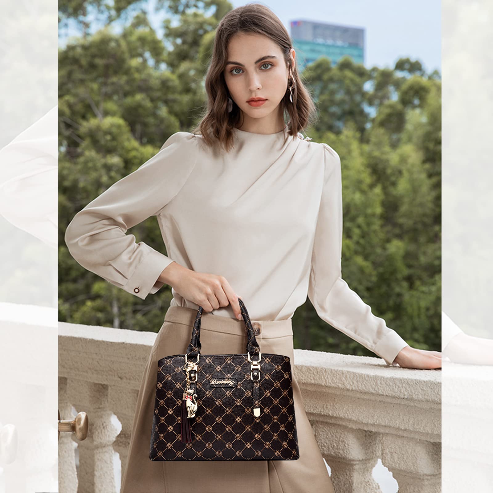 NICOLE & DORIS Bolsos de Mano Mujer Bolso Estampado Bolso Señora Bandolera Elegancia Mediano Bolso Tote Cuero PU Bolsos de Hombro con Colgante Marrón
