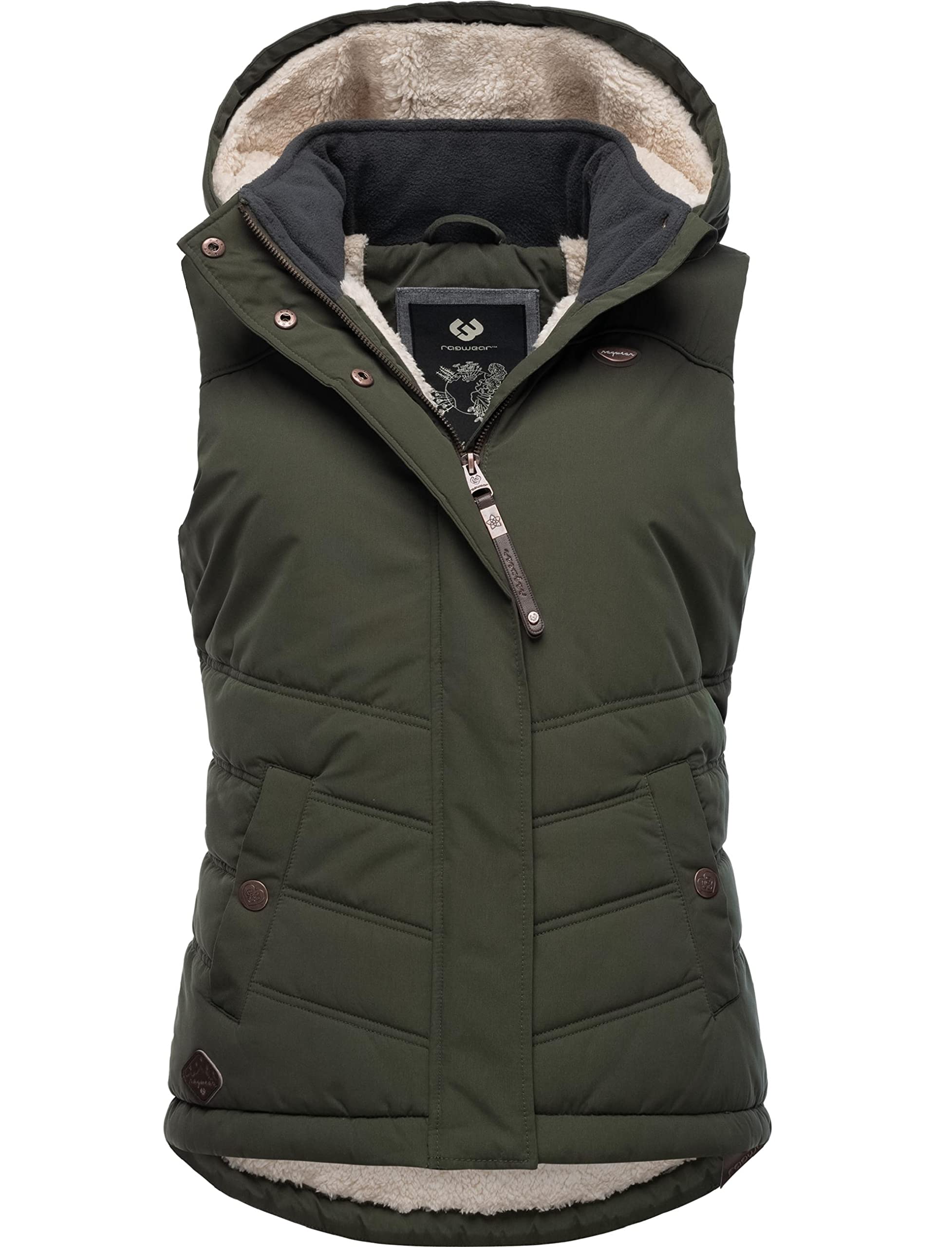 Ragwear Women's Dark Olive22 Sleeveless Outdoor Vest Warm Winter Jacket Waterproof With Detachable Hood Hesty Intl Xs-6Xl, Xs