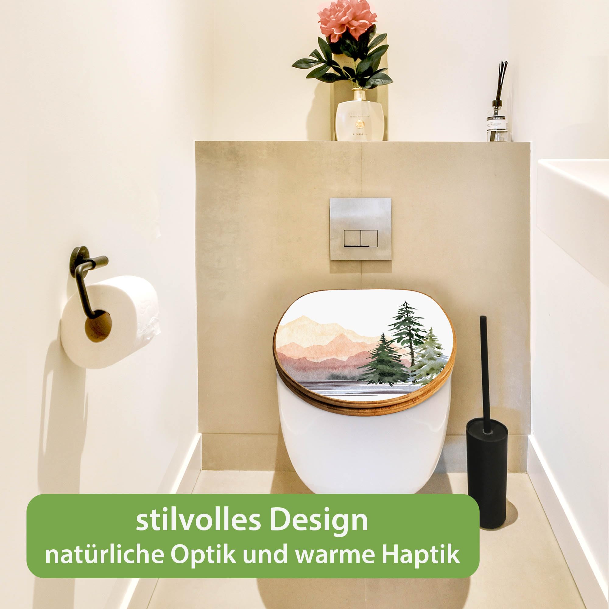 banjado Design WC Sitz Bambus Absenkautomatik 45,8x37,5cm - Toilettendeckel mit Absenkautomatik Holz - hochwertiger Bambus Klodeckel - WC-Sitz für gängigen Toiletten - Motiv Bergpanorama