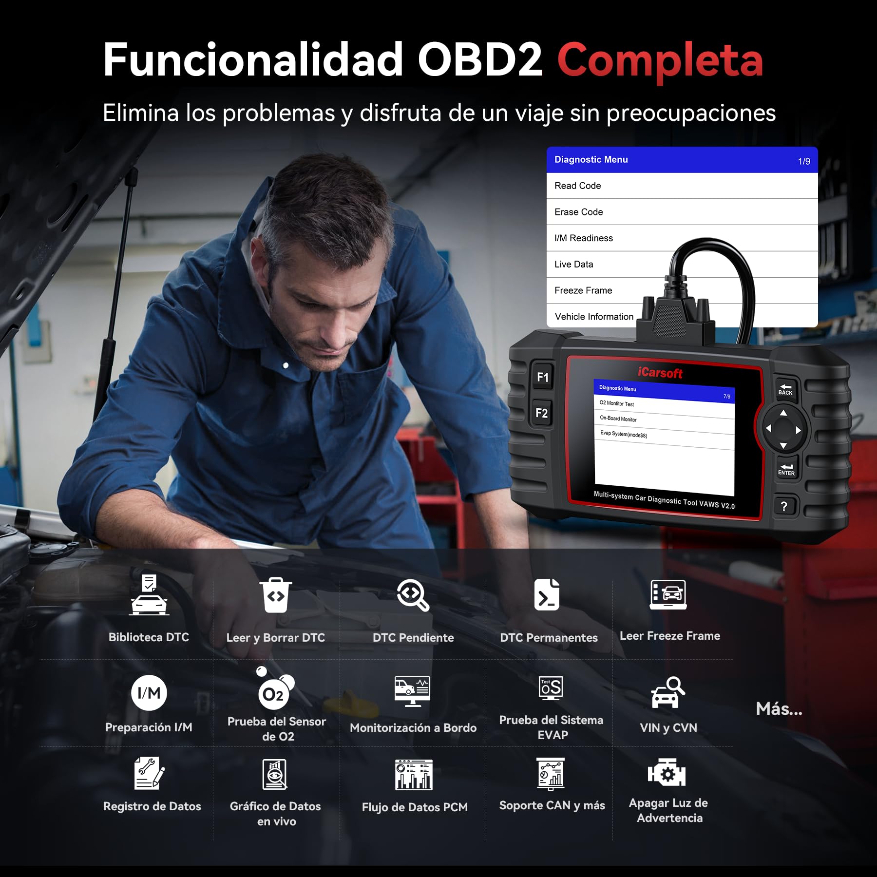 iCarsoft VAWS V2.0 OBD2 Máquina Diagnosis Coche para VW/AU.DI/Skoda/Seat, Escáner de Todo el Sistema, Detector Fallos Coche con 9 Funciones Reinicio, Prueba de Batería, Actualización de por Vida