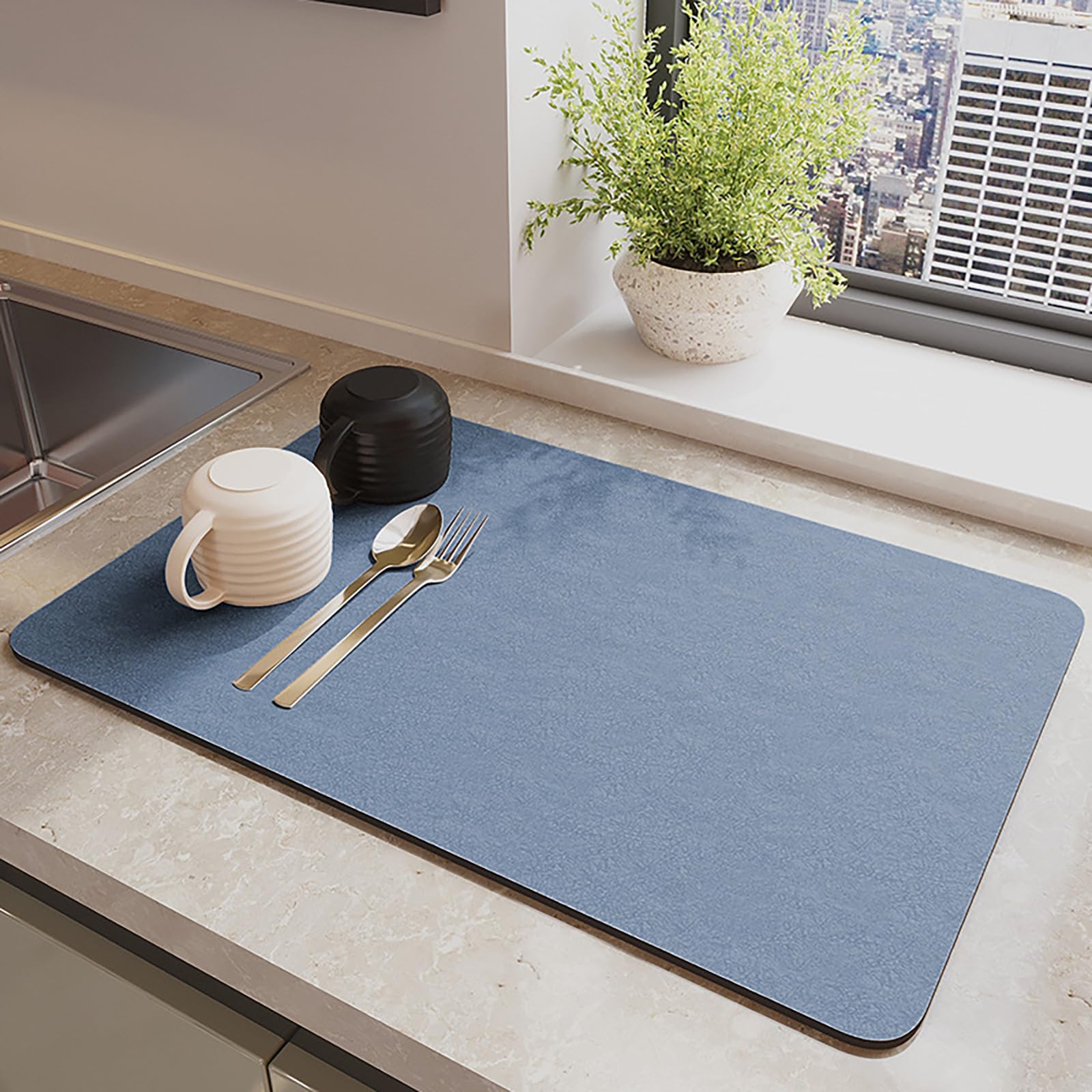 MlYJmer Drying Mat for Dishes, Mat Sink Quick Dry Absorbent Dish Drying Mat Non-Slip Coffee Mat, Kitchen Counter Mat,Blue,40x50cm