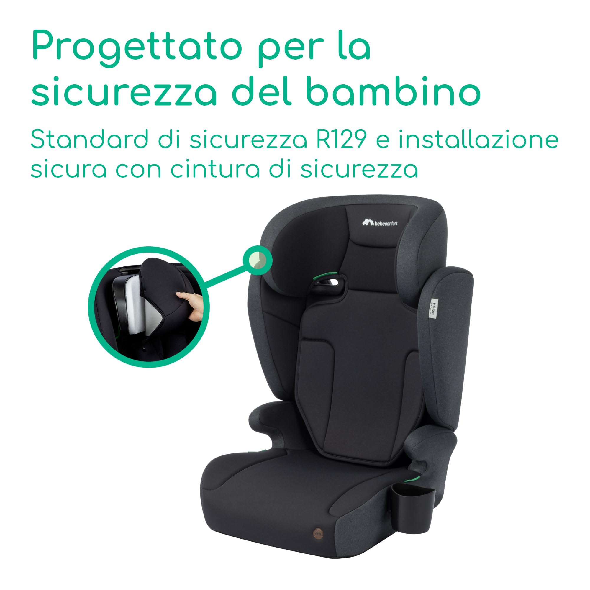 Bebeconfort Ride i-Safe Seggiolino Auto Bambini 100-150 cm (3,5-12 Anni), Gruppo 2/3, Rialzo Auto con Schienale Rimovibile, R129, Leggero 3,4 kg, Poggiatesta Regolabile 11 Posizioni, Portabibite, Nero