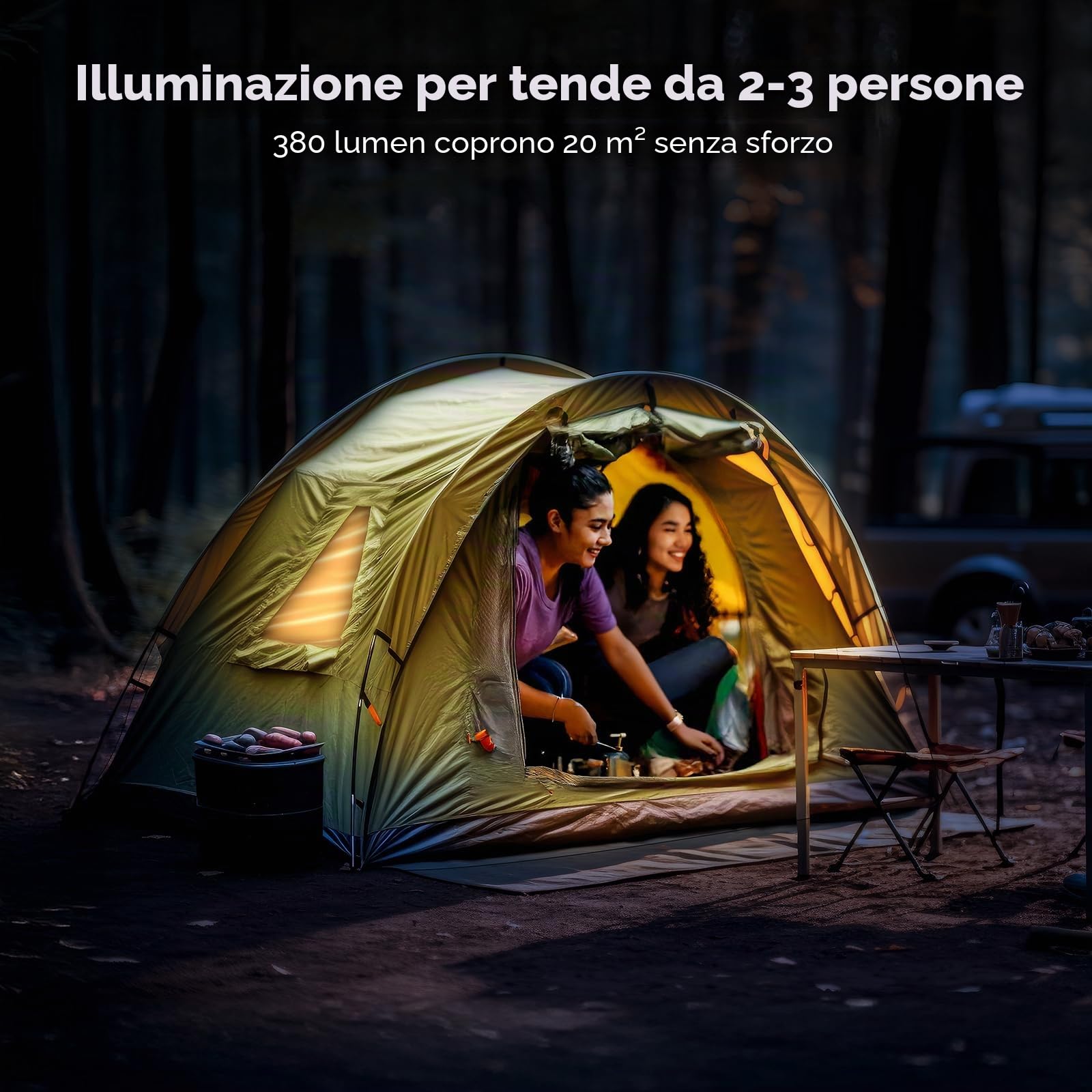 BougeRV Lampada Campeggio AL01, Sensore, Autonomia 48h, Verde Scuro | 380lm, 3200mAh, Lanterna Ricaricabile, 5 Livelli, 4 Modalità, Gancio e Magnete, Luce da Tenda per Viaggi ed Emergenze