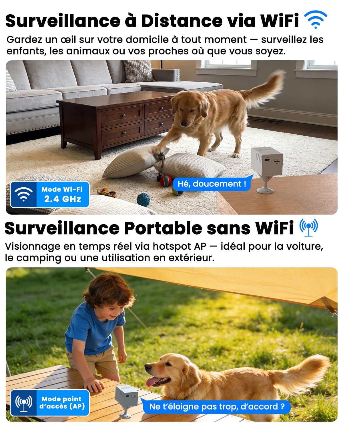 4K Mini Camera Espion sans Fil, Wi-Fi ou Mode AP sans WiFi, Camera de Surveillance sans Internet, Batterie 5200mAh, Vision Grand 160°, Vision Nocturne, Détection Mouvement IA, pour Intérieur/Extérieur