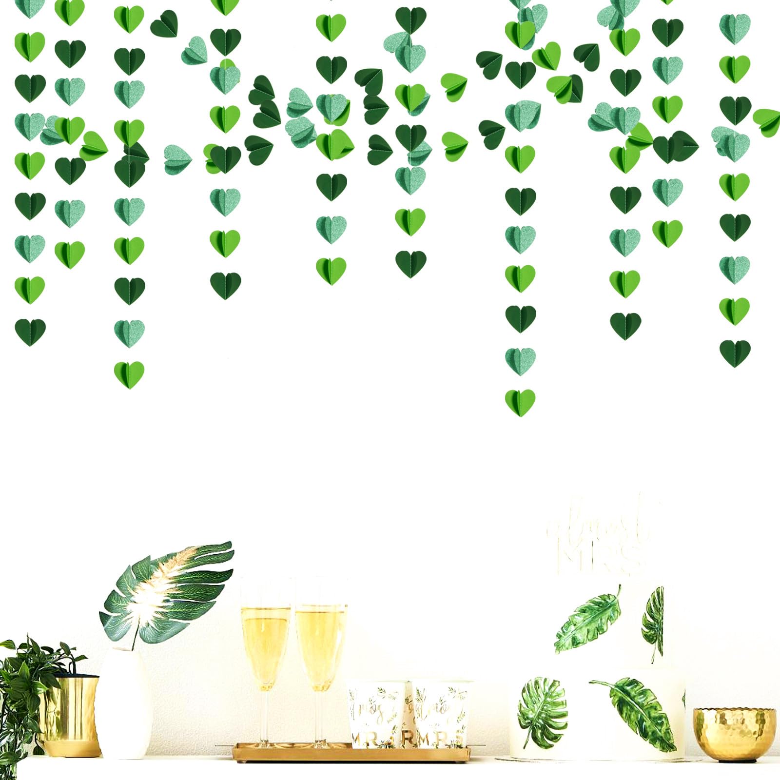 Grüne Party-Dekoration, Herz-Girlande, 14 m, 3D-Frühling, Sommer, Garten, hängende Luftschlangen, Banner, Geburtstag, Hochzeit, Verlobung, Babyparty, St. Patrick's Day, Hintergrunddekoration Burgleda