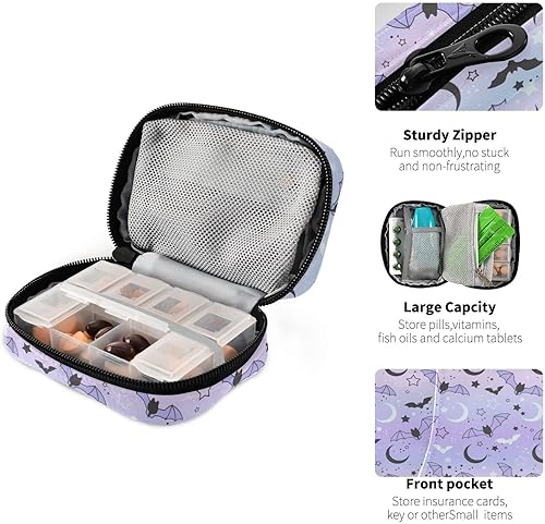Miniatura 4 de Pastillero morado con diseño de murciélago y luna de 7 días, organizador de píldoras de viaje con cremallera, portátil, semanal, vitamina, medicina,