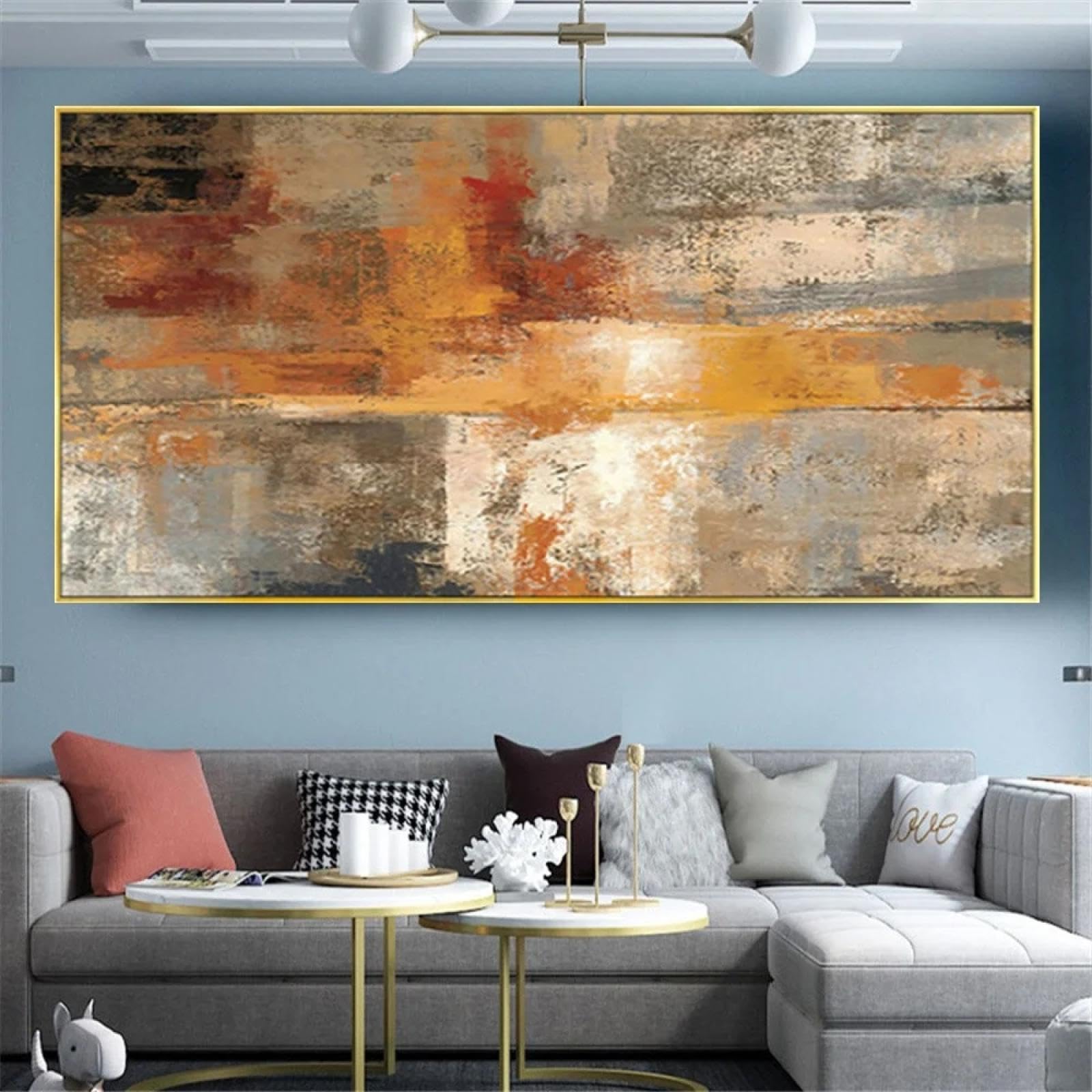 Pintura al óleo sobre lienzo de color cálido abstracto, cuadro de pared grande simple, arte gris beige sobre lienzo para decoración de la sala de estar del hogar, 55x115cm/22x45in sin marco