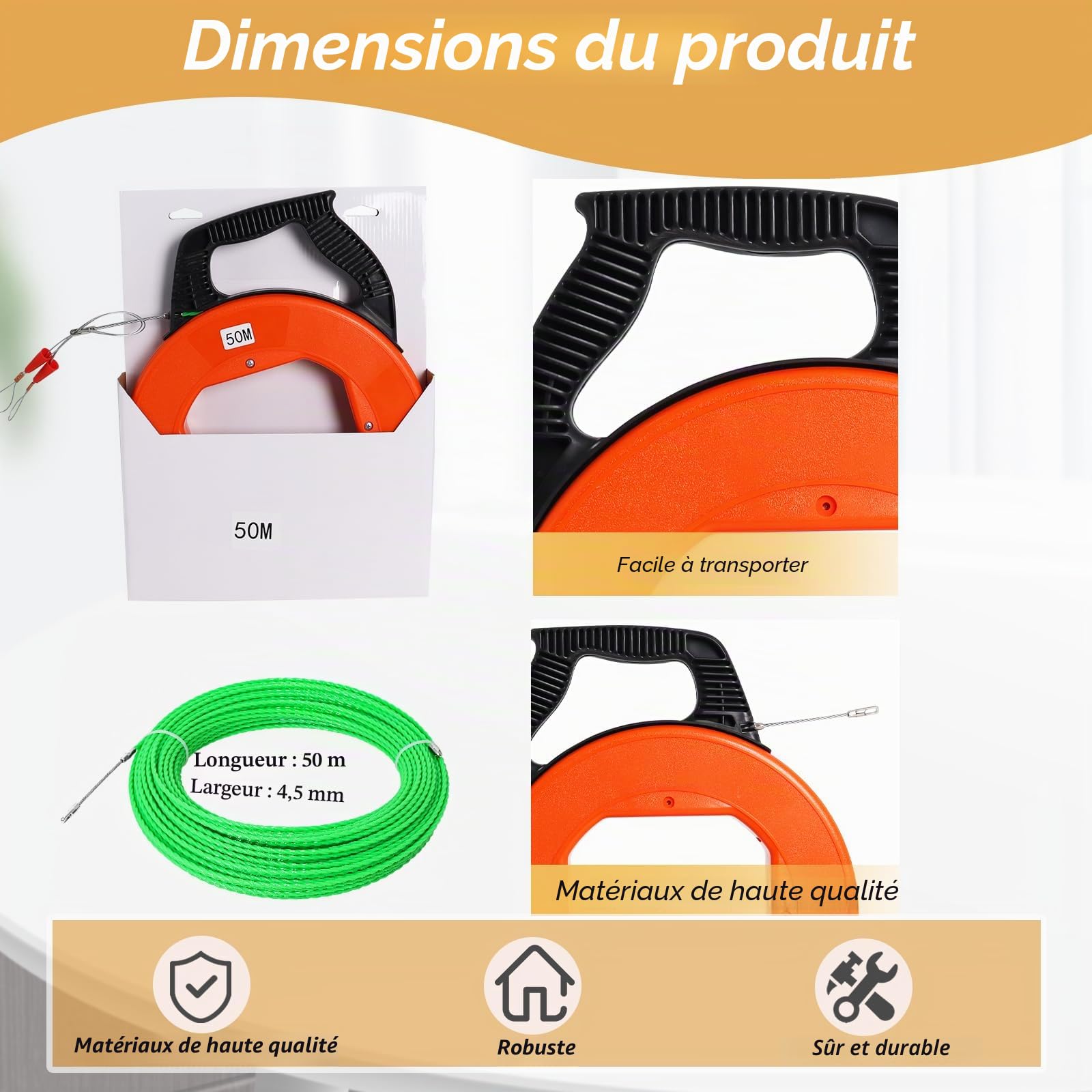Gekufa Aiguille Electricien 50m, 4,5mm DiamèTre, tire cable avec boîtier et poignée en plastique, aiguille tire fil avec 2 ressorts de guidage, Aide à l'enfilage des câbles pour la pose de câbles