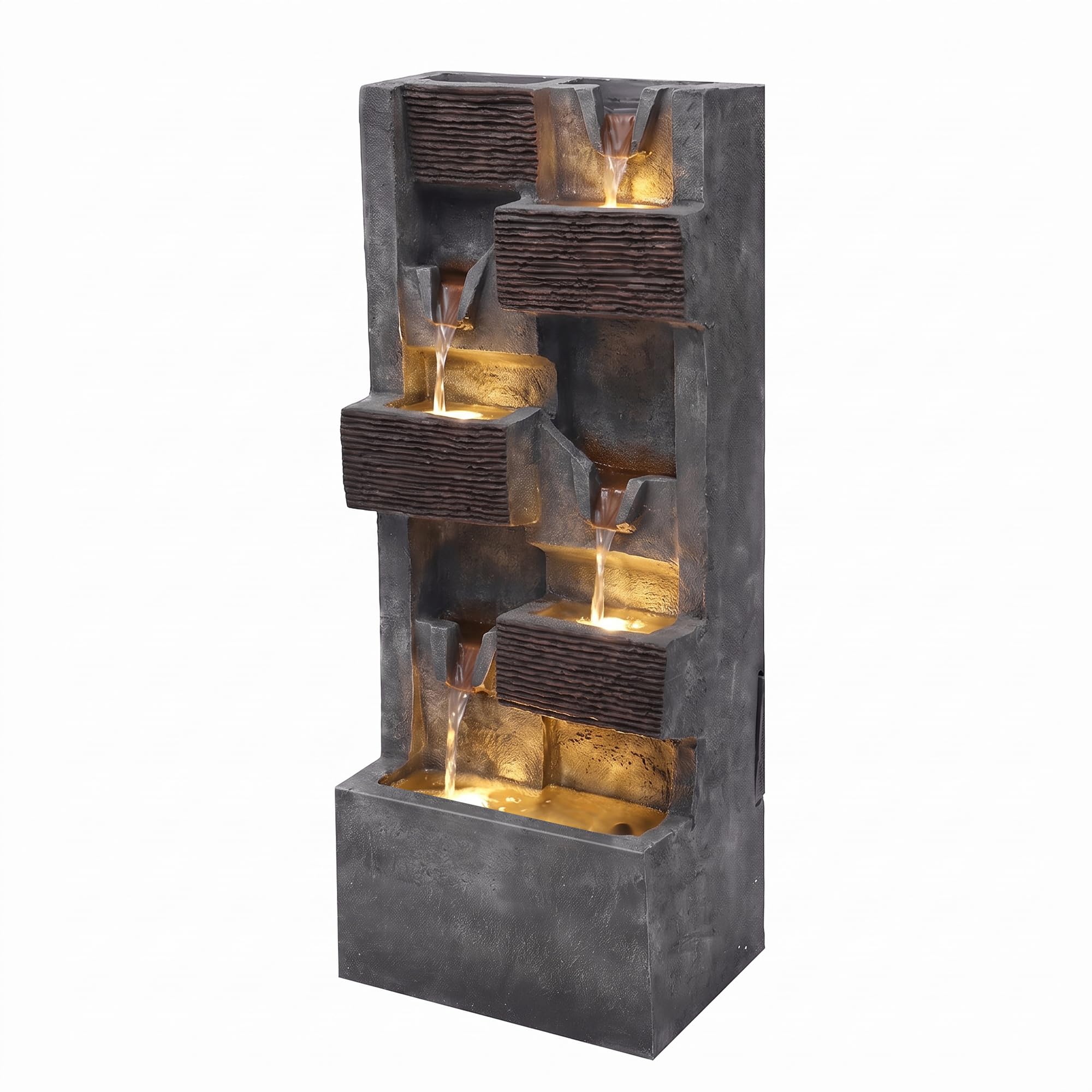40" H Modern Outdoor Water Fountain, 5-Tier Waterfall with LED Lights