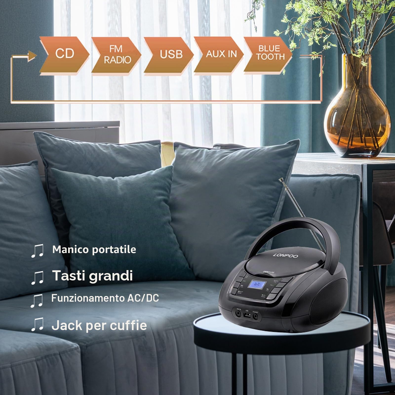 Impianto Stereo Casa 30W Micro HiFi Compatto con lettore CD, Bluetooth, radio FM, USB, AUX-in, display LED e pulsante grande, telecomando (L-D03BT)