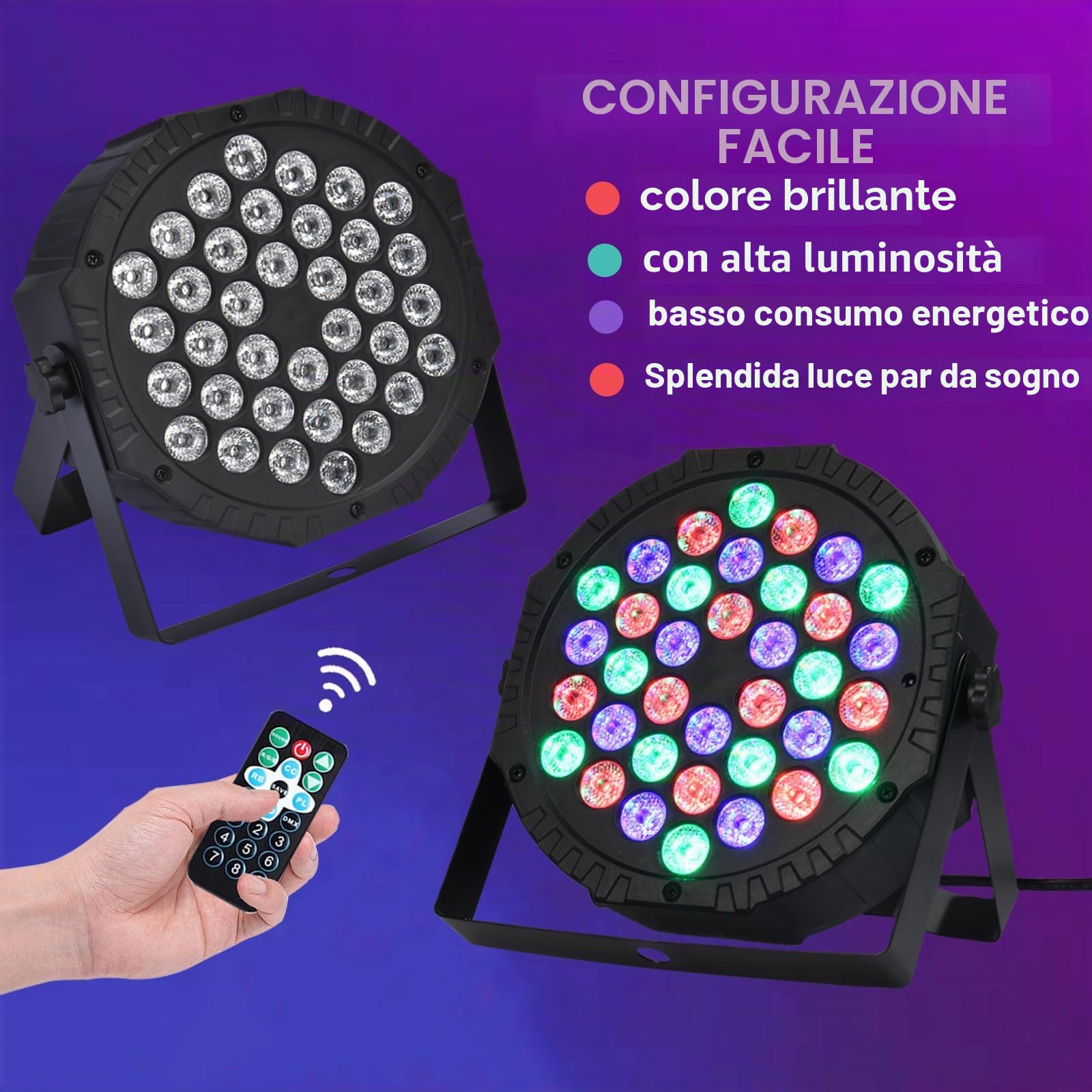 2 Pezzi Par LED, 36 LED Luce da Palcoscenico RGB con 5 Modalità di Controllo e Telecomando Discoteca Luci per Feste, bar, Natale, Palcoscenico, Halloween, Matrimonio