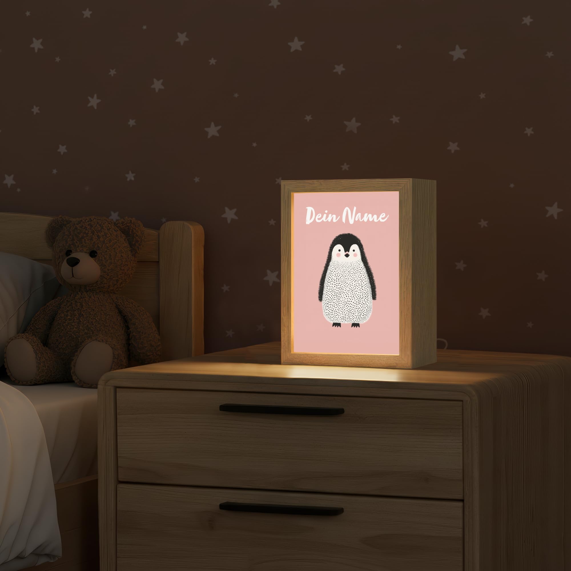 Nachtlicht Für Kinder Mit Name 15x20 cm Lampe Nachttisch Nachtlampe Kinderzimmer Personalisiert Nachttischlampe Jugendliche Pinguin - Punkte - Minimalistisch - Rosa