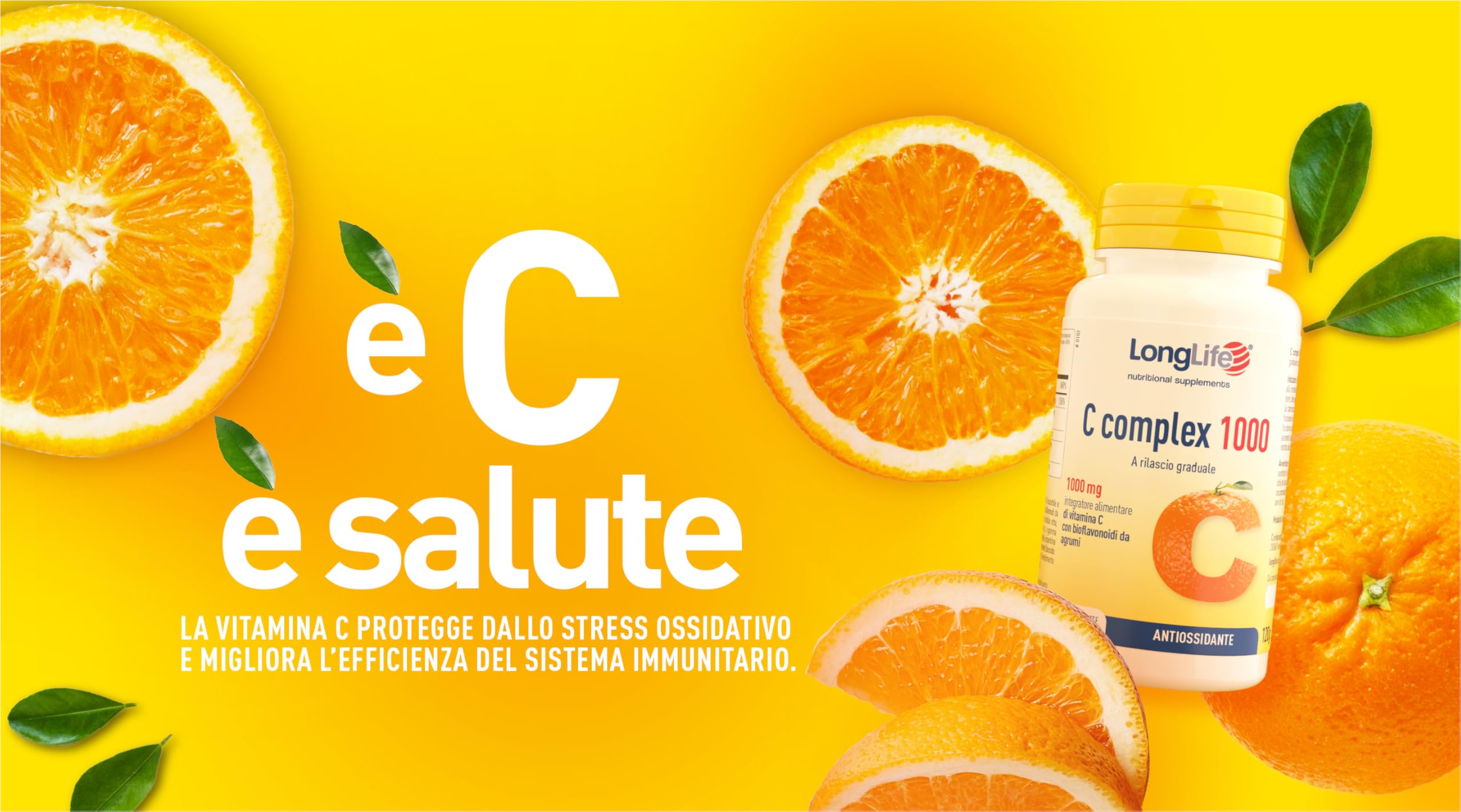 LongLife® C complex 1000 | Vitamina C 1000 mg a rilascio graduale | Alto dosaggio | Con bioflavonoidi da agrumi e quercetina | Difese immunitarie | 2 mesi di trattamento | Vegano e senza glutine