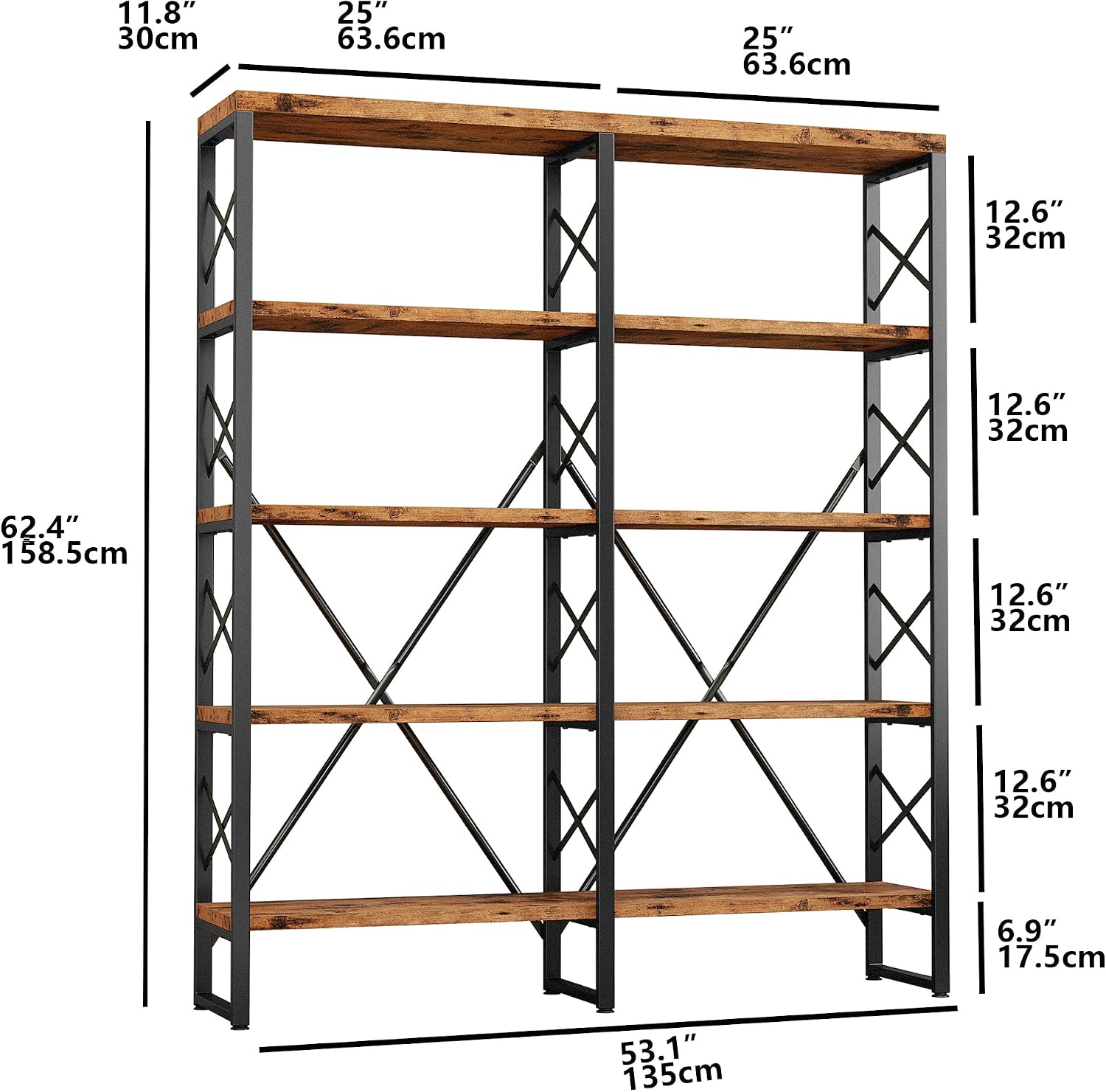 IRONCK Bookshelf Double Wide 5-Tier 62" H, Open Large Bookcase, Industrial Style Shelves, Wood and Metal Bookshelves for Home Office, Easy Assembly